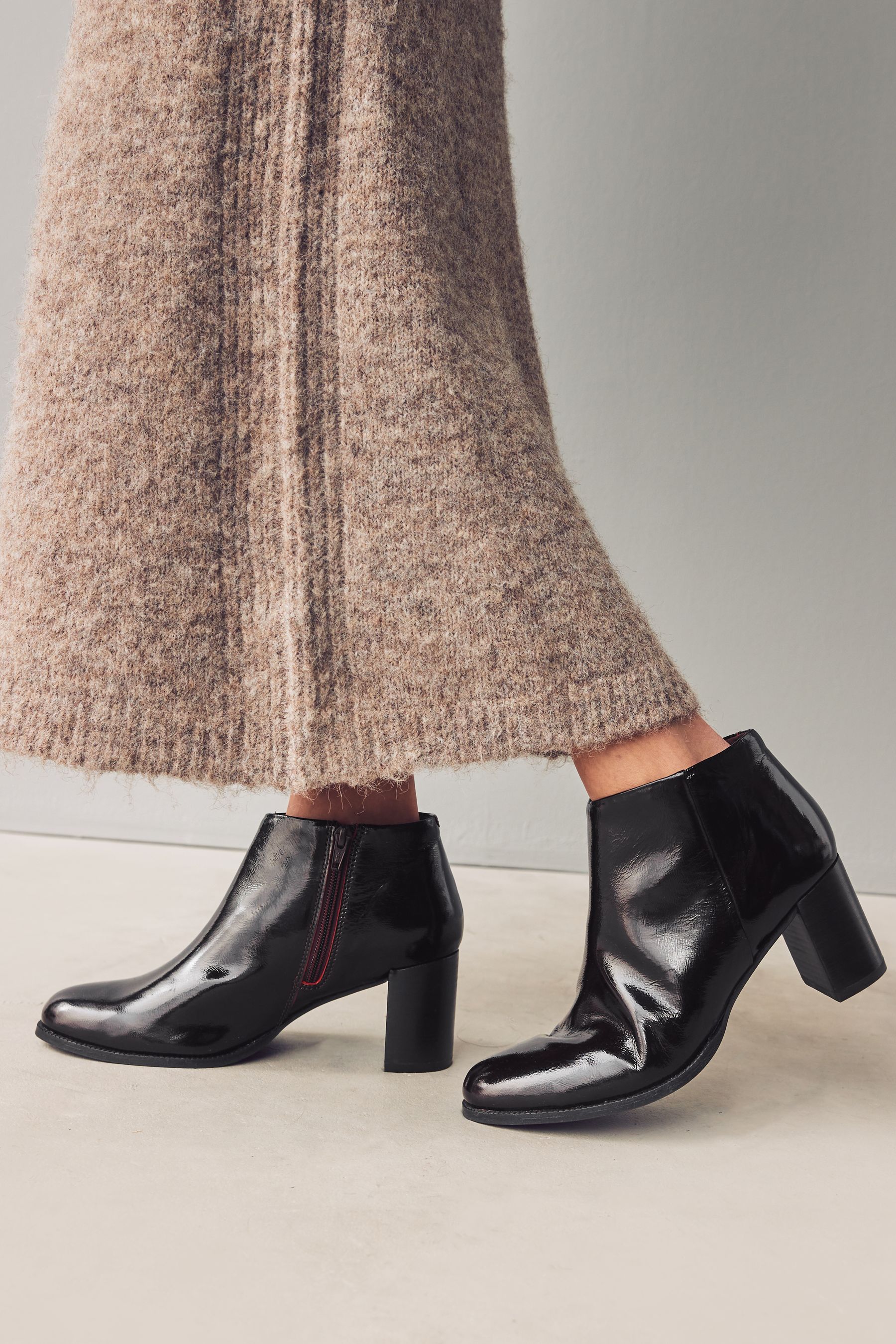 Burgundy Red Patent Forever Comfort Block Heeled Almond Toe Boots