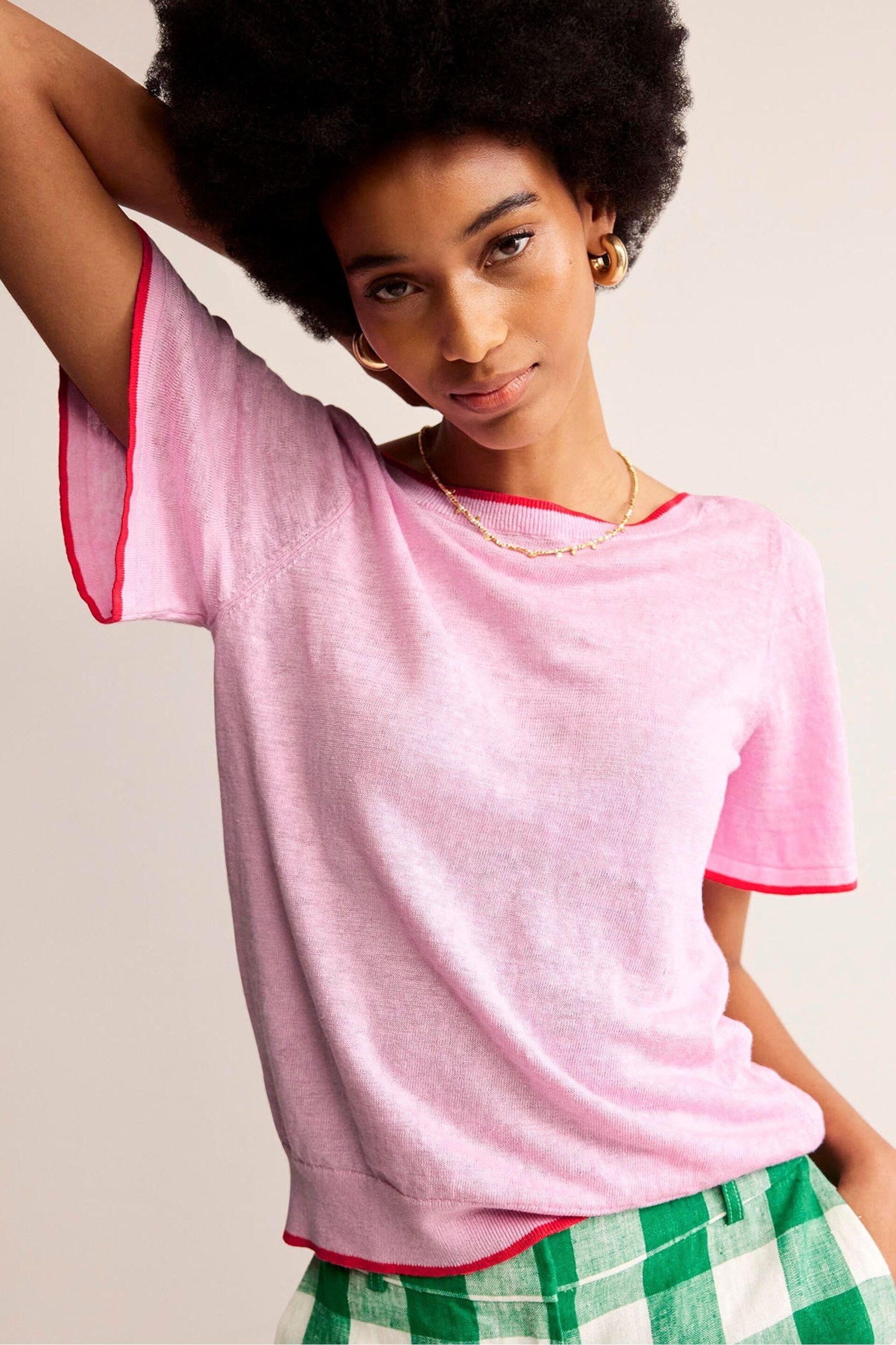 Boden Pink Maggie V-Neck Linen T-Shirt - Image 1 of 6
