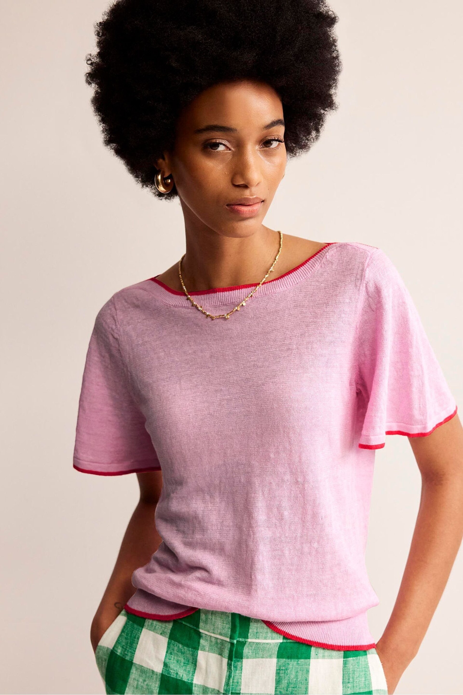 Boden Pink Maggie V-Neck Linen T-Shirt - Image 4 of 6