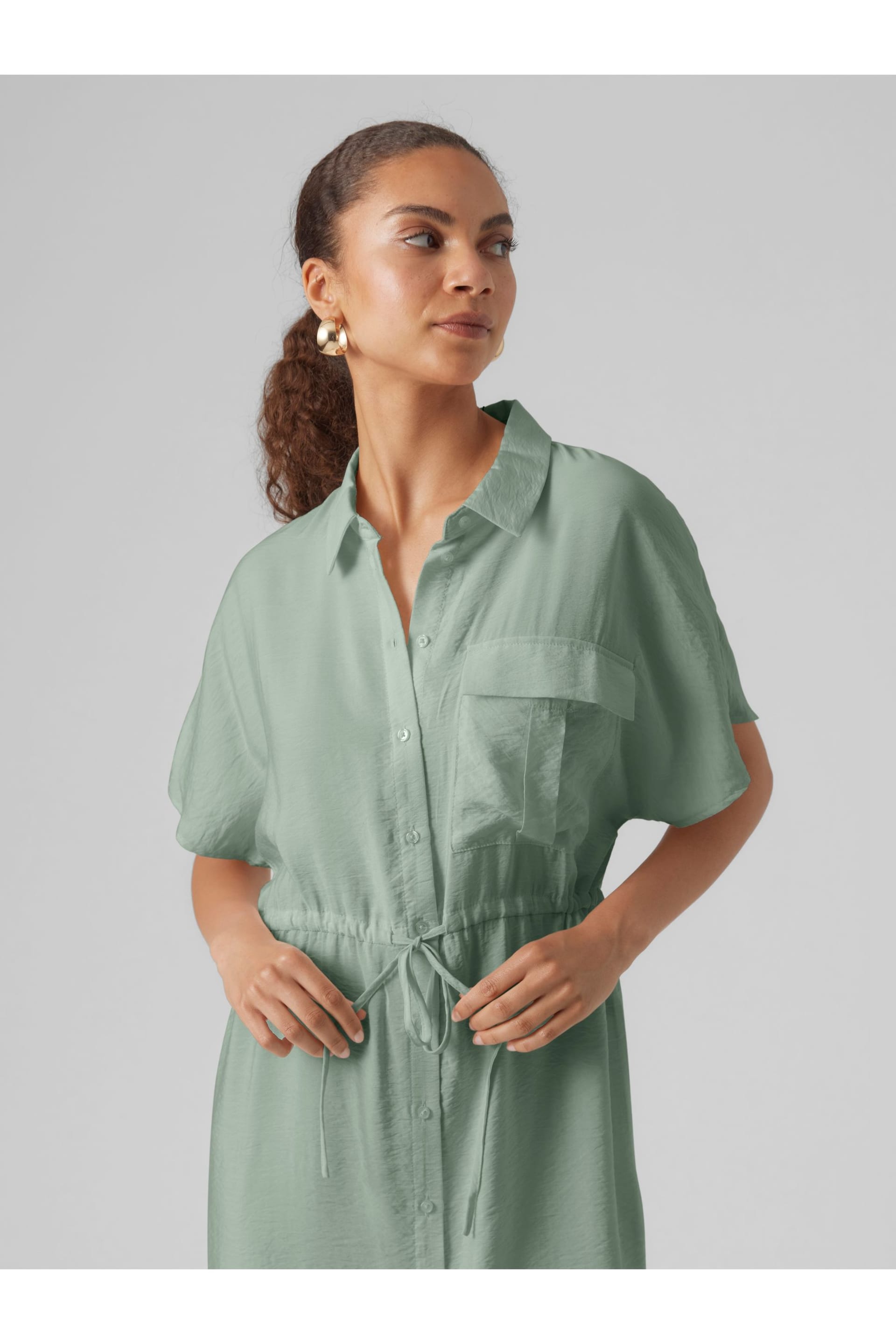 VERO MODA Green Utility Pocket Midi Shirt Dress - Image 3 of 4