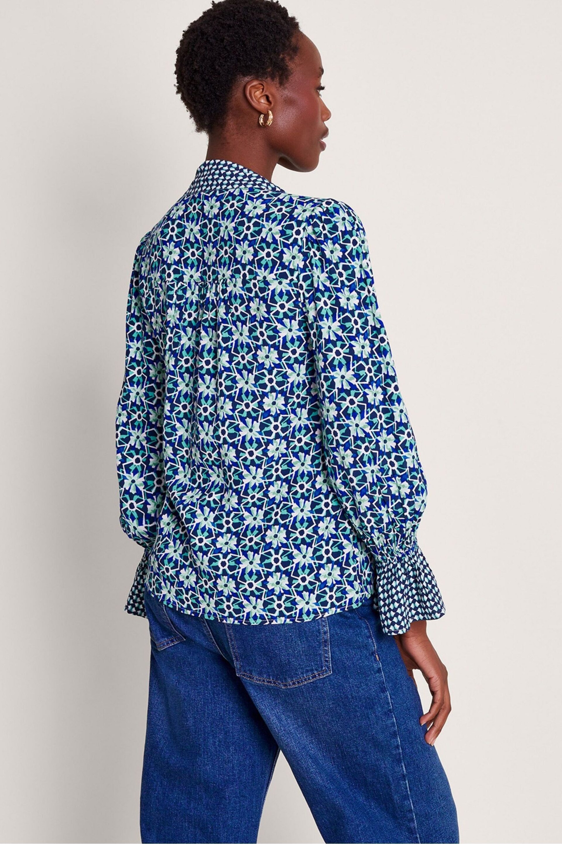 Monsoon Blue Clover Print Pussybow Blouse - Image 4 of 5