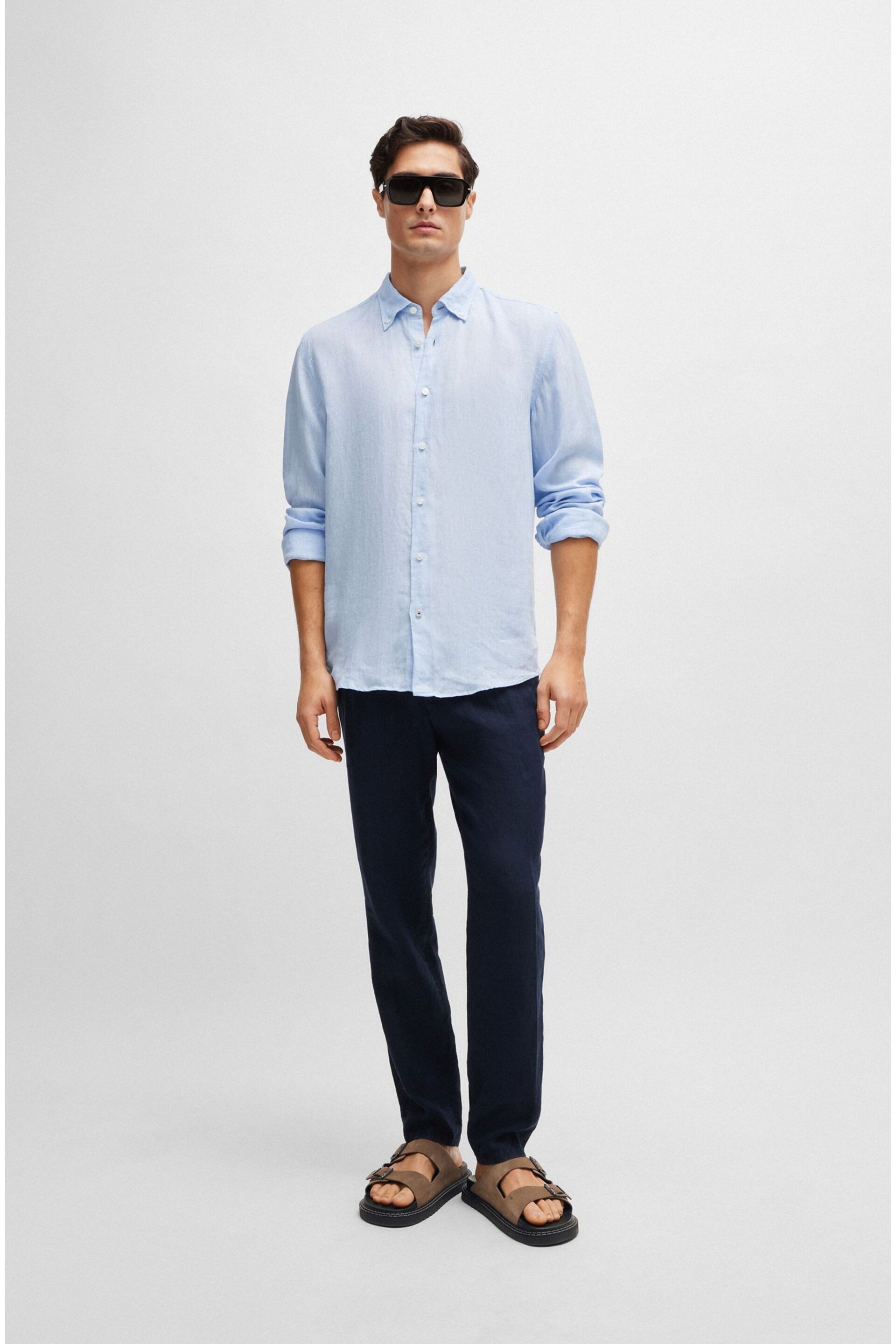 BOSS Blue Linen Regular Fit Shirt - Image 3 of 6