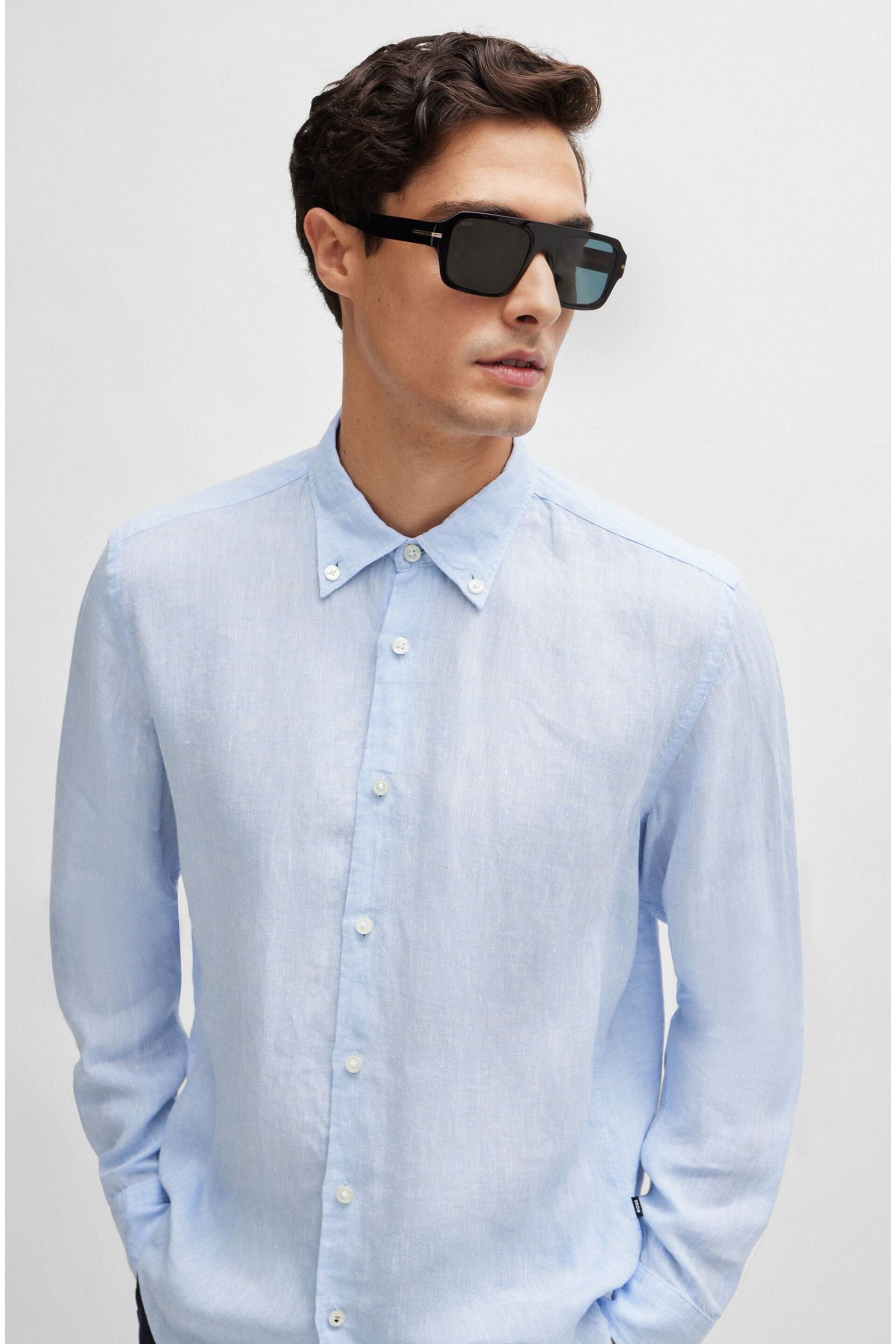 BOSS Blue Linen Regular Fit Shirt - Image 4 of 6