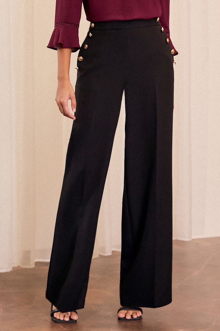 Love & Roses Black Military Button Wide Leg Tailored Trousers - Image 1 of 4