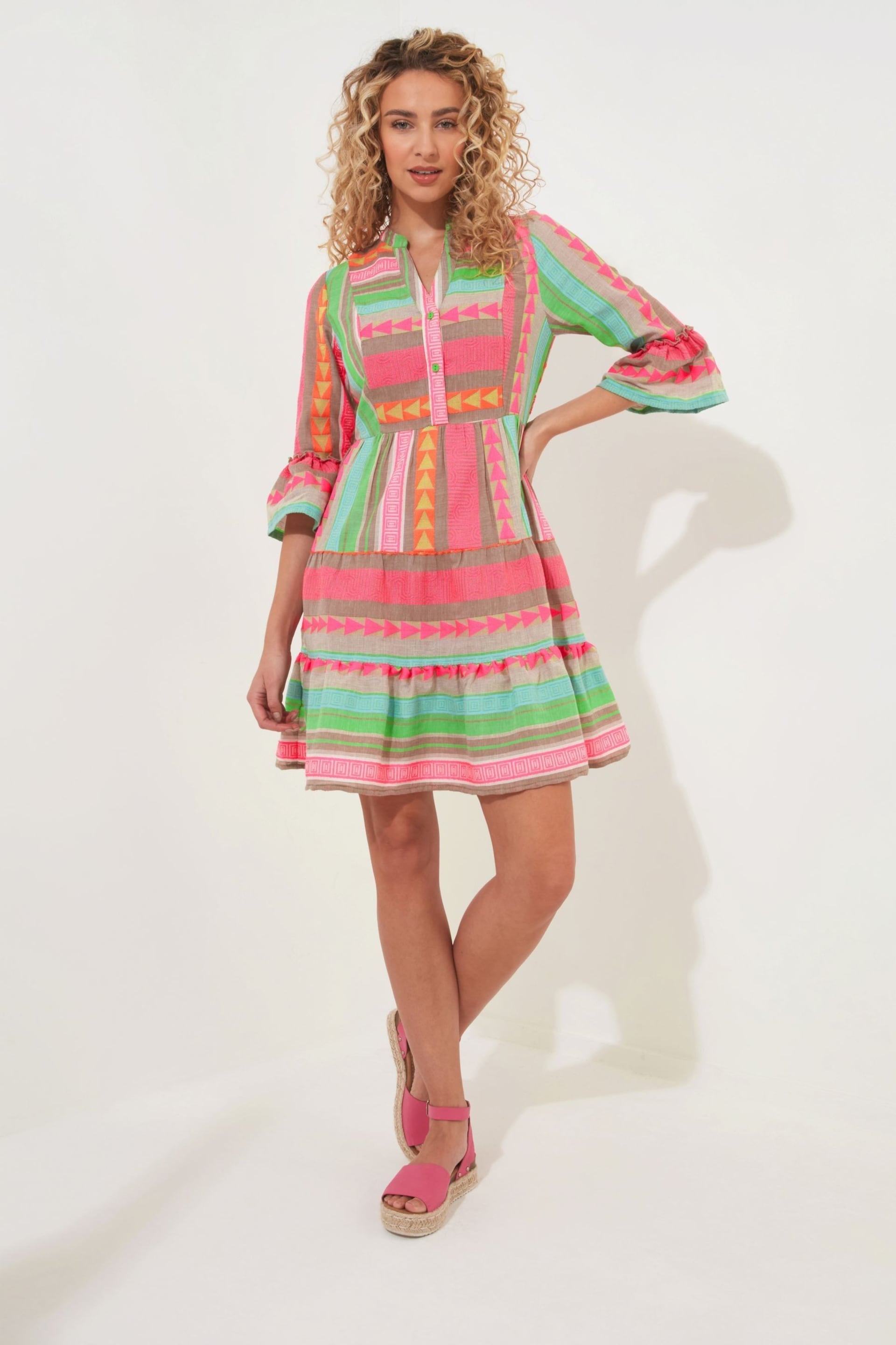 Joe Browns Pink Jacquard Boho Flared Sleeve Smock Style Tunic Mini Dress - Image 2 of 7