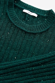 Blue Teal Sequin Sparkle Ribbed Fit And Flare Mini Knitted Jumper Dress With Wool - Image 5 of 6