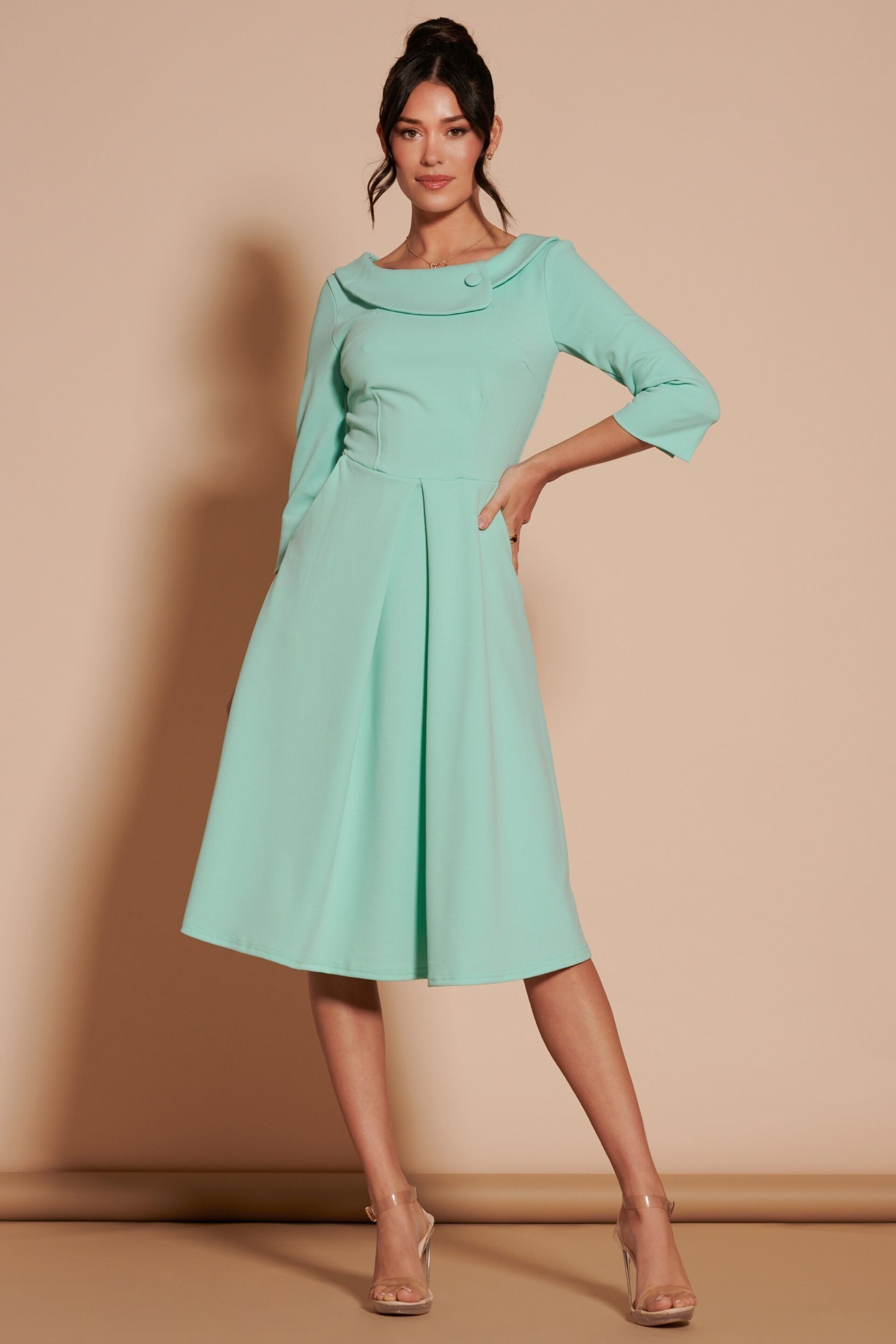 Jolie Moi Green 3/4 Sleeve Fold Neck Midi Dress - Image 1 of 6