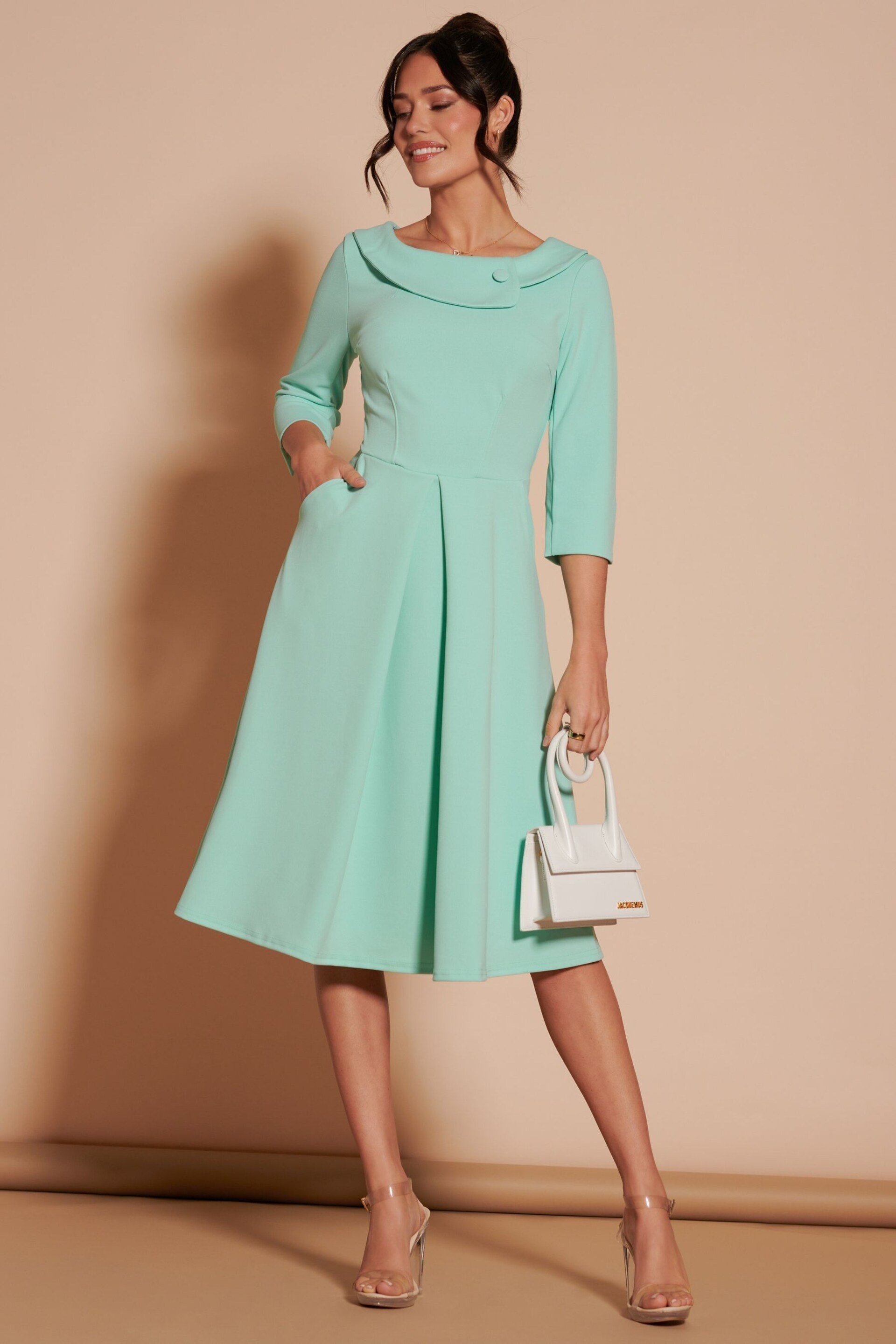 Jolie Moi Green 3/4 Sleeve Fold Neck Midi Dress - Image 3 of 6