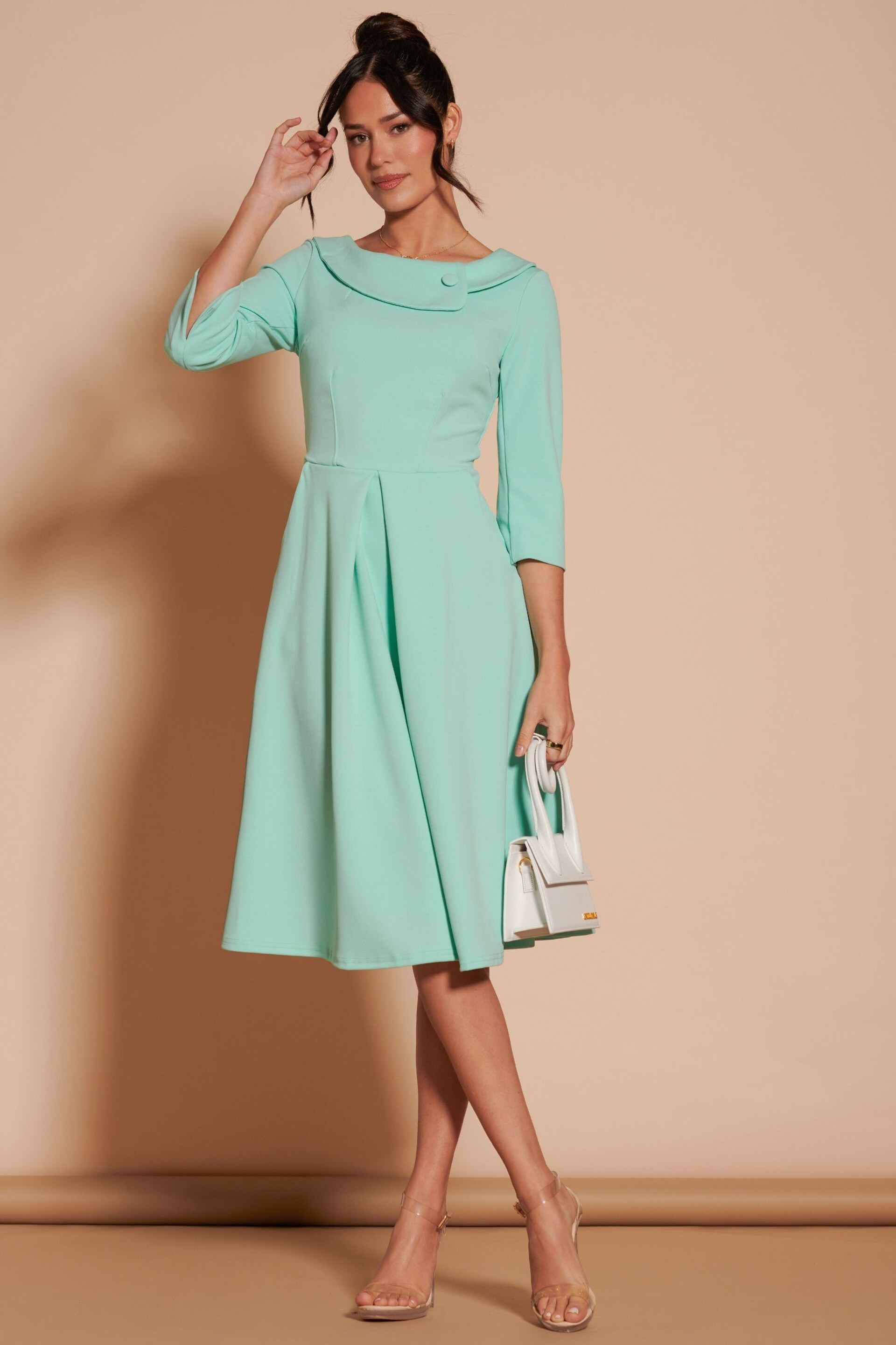 Jolie Moi Green 3/4 Sleeve Fold Neck Midi Dress - Image 4 of 6
