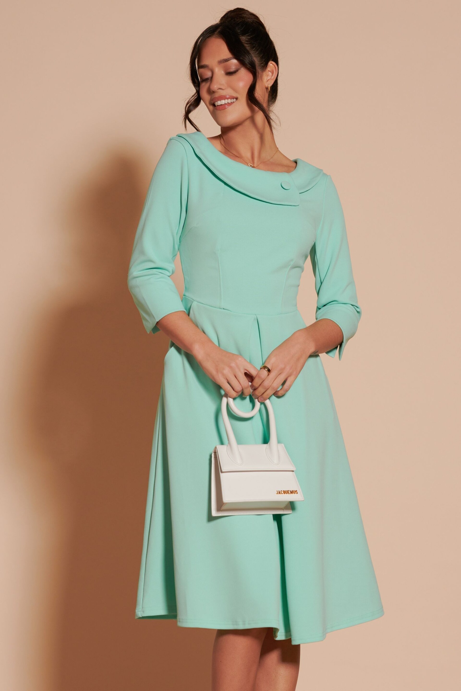 Jolie Moi Green 3/4 Sleeve Fold Neck Midi Dress - Image 5 of 6