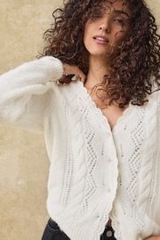 White Ecru Gem Button Textured Lace Knitted Cardigan - Image 1 of 9