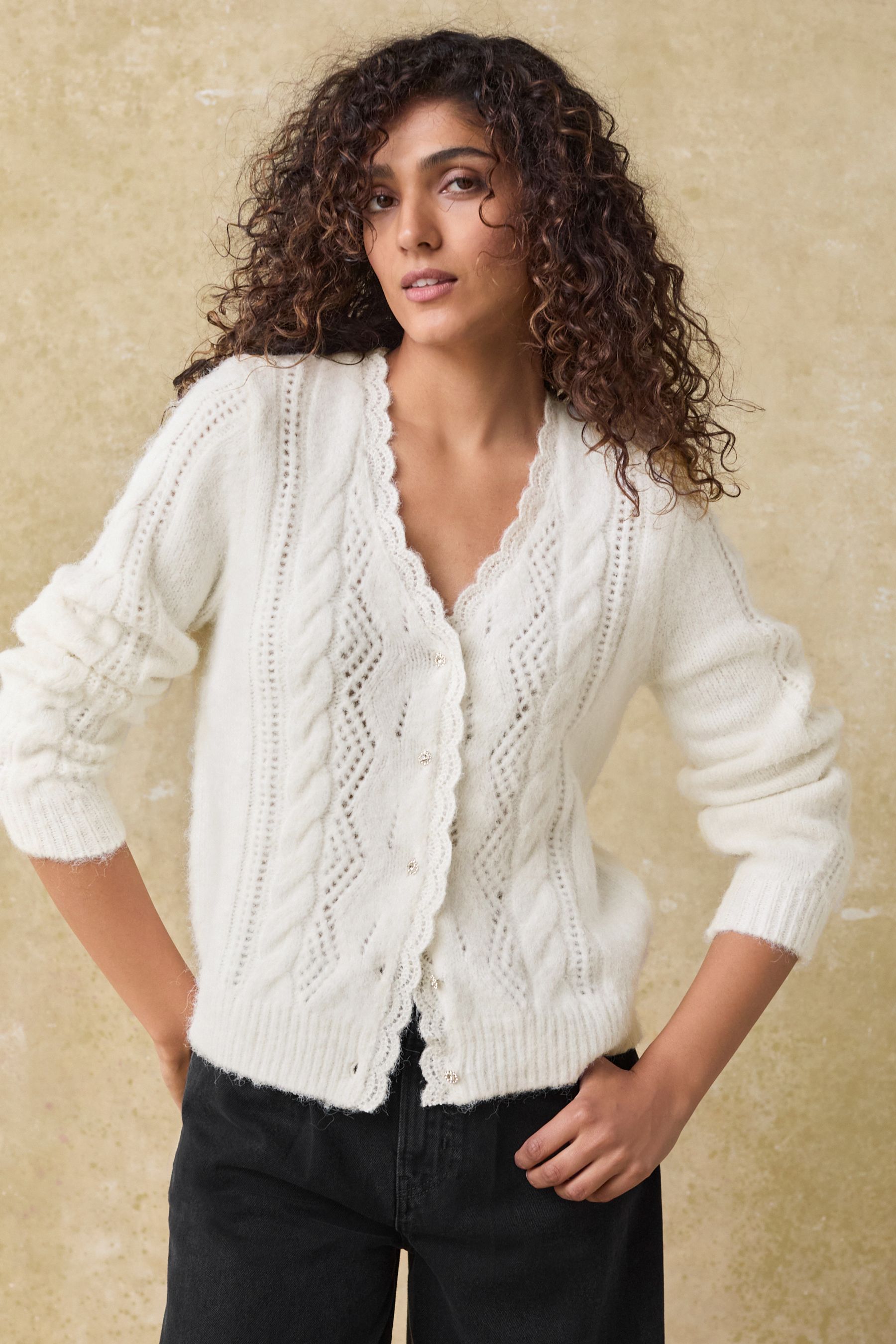 Buy White Ecru Gem Button Textured Lace Knitted Cardigan with Wool from Next Canada