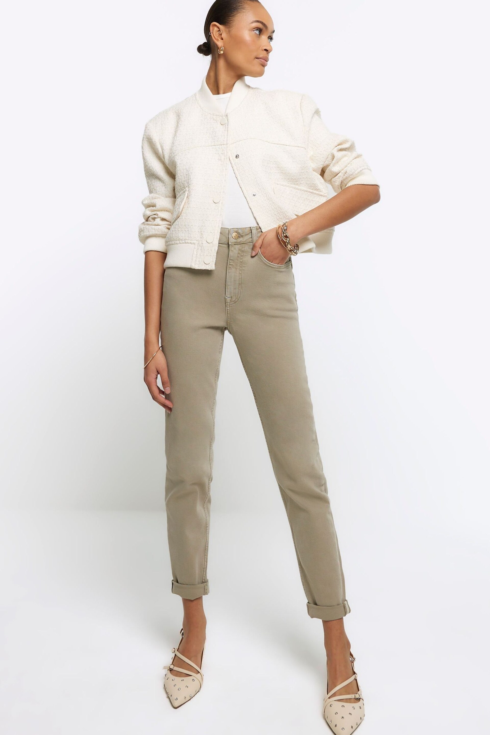 River Island Light Khaki Mom High Rise Bum Sculpt Jeans - Image 1 of 5