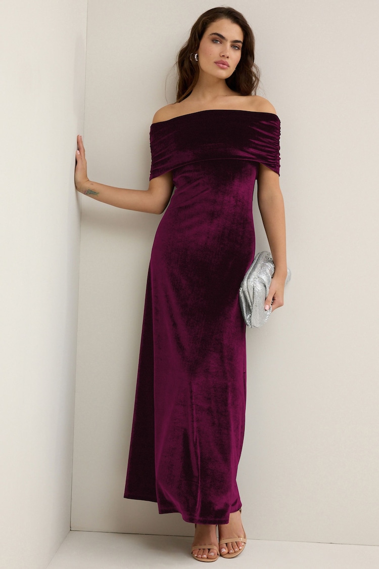 Burgandy Red Bardot Velvet Maxi Dress - Image 1 of 6