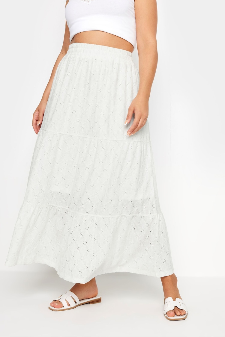 Yours Curve White Anglaise Jersey Tiered Skirt - Image 1 of 6