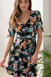 Pour Moi Black Floral Bella Fuller Bust Slinky Stretch Tie Sleeve Mini Dress - Image 1 of 4