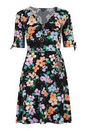 Pour Moi Black Floral Bella Fuller Bust Slinky Stretch Tie Sleeve Mini Dress - Image 3 of 4