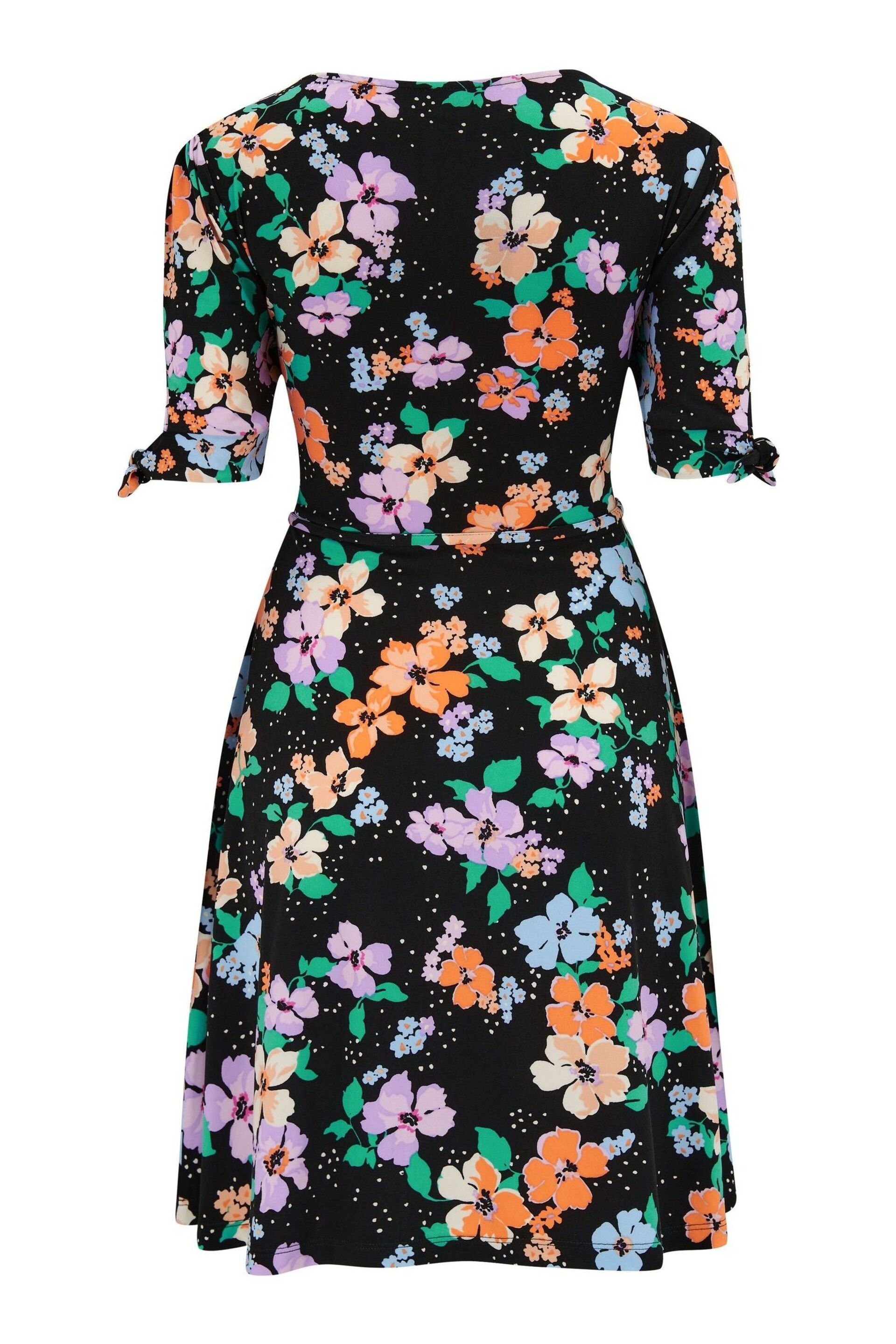 Pour Moi Black Floral Bella Fuller Bust Slinky Stretch Tie Sleeve Mini Dress - Image 4 of 4