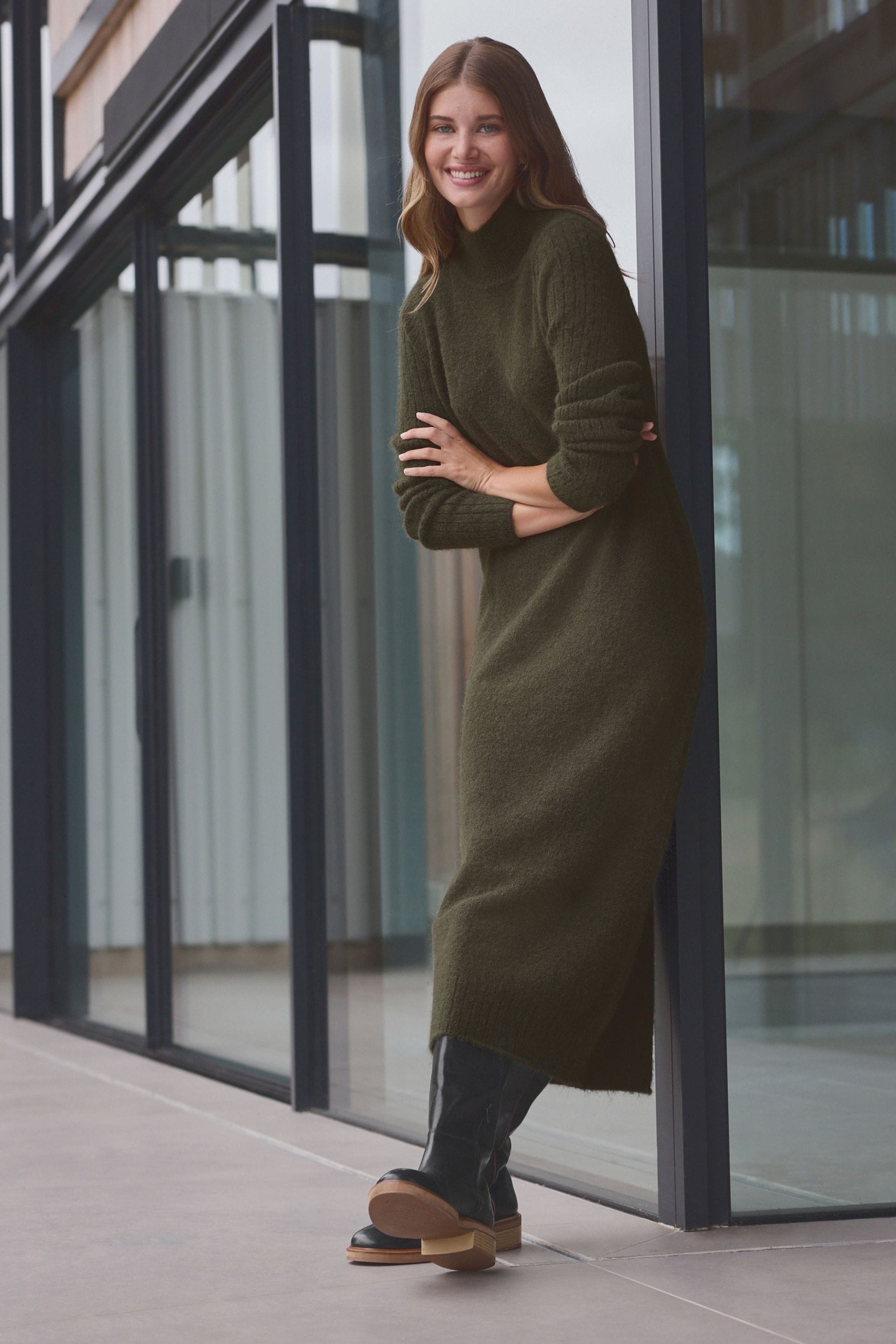Buy Green Khaki High Neck Long Sleeve Maxi Knitted Jumper Dress from the Next UK online shop