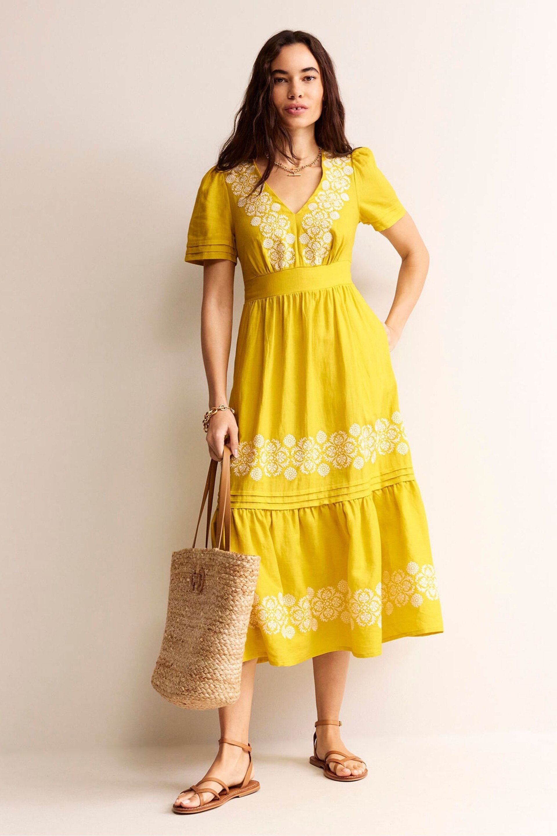 Boden Yellow Eve Linen Midi Dress - Image 2 of 6