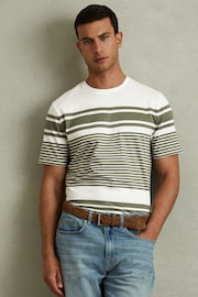 Reiss White/Sage Lory Mercerised Cotton Striped Crew Neck T-Shirt - Image 1 of 5