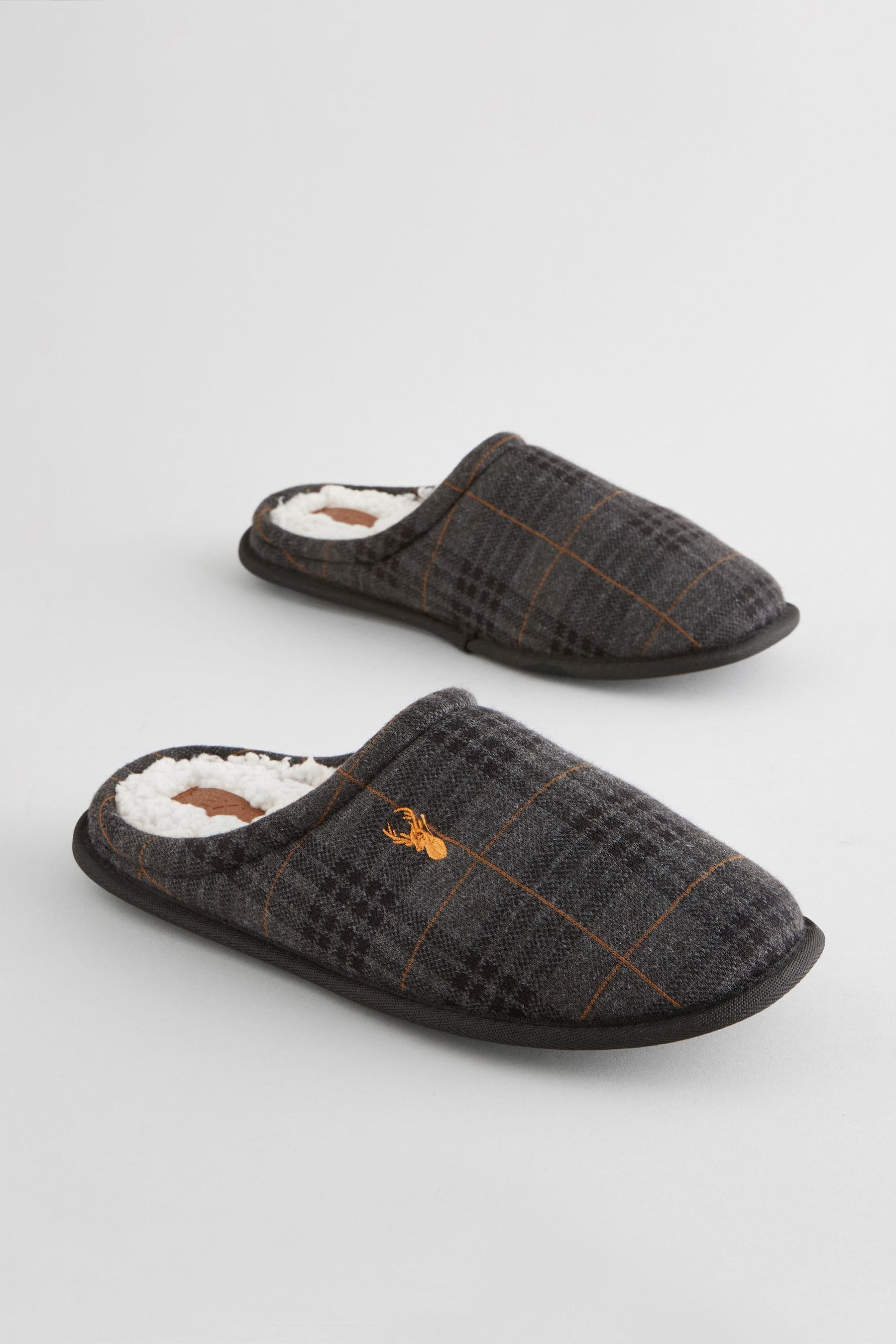 Buy Black Grey Borg Lined Checked Mule Slippers from the Next UK online shop