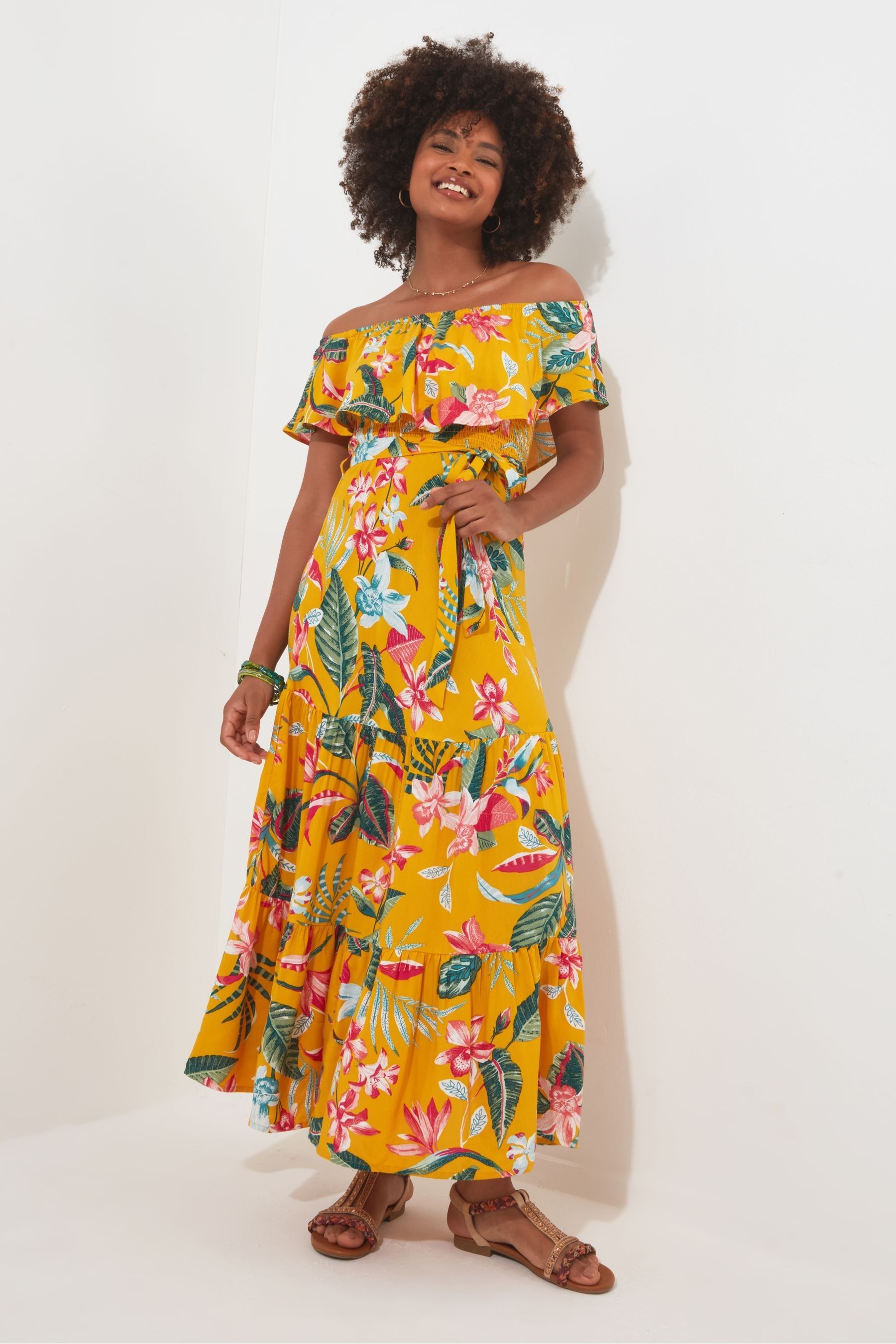 Yellow tropical print dress on sale