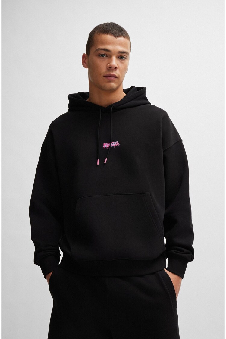 HUGO Oversized Fit Cotton Terry Black Hoodie With Seasonal Logos - Image 1 of 5