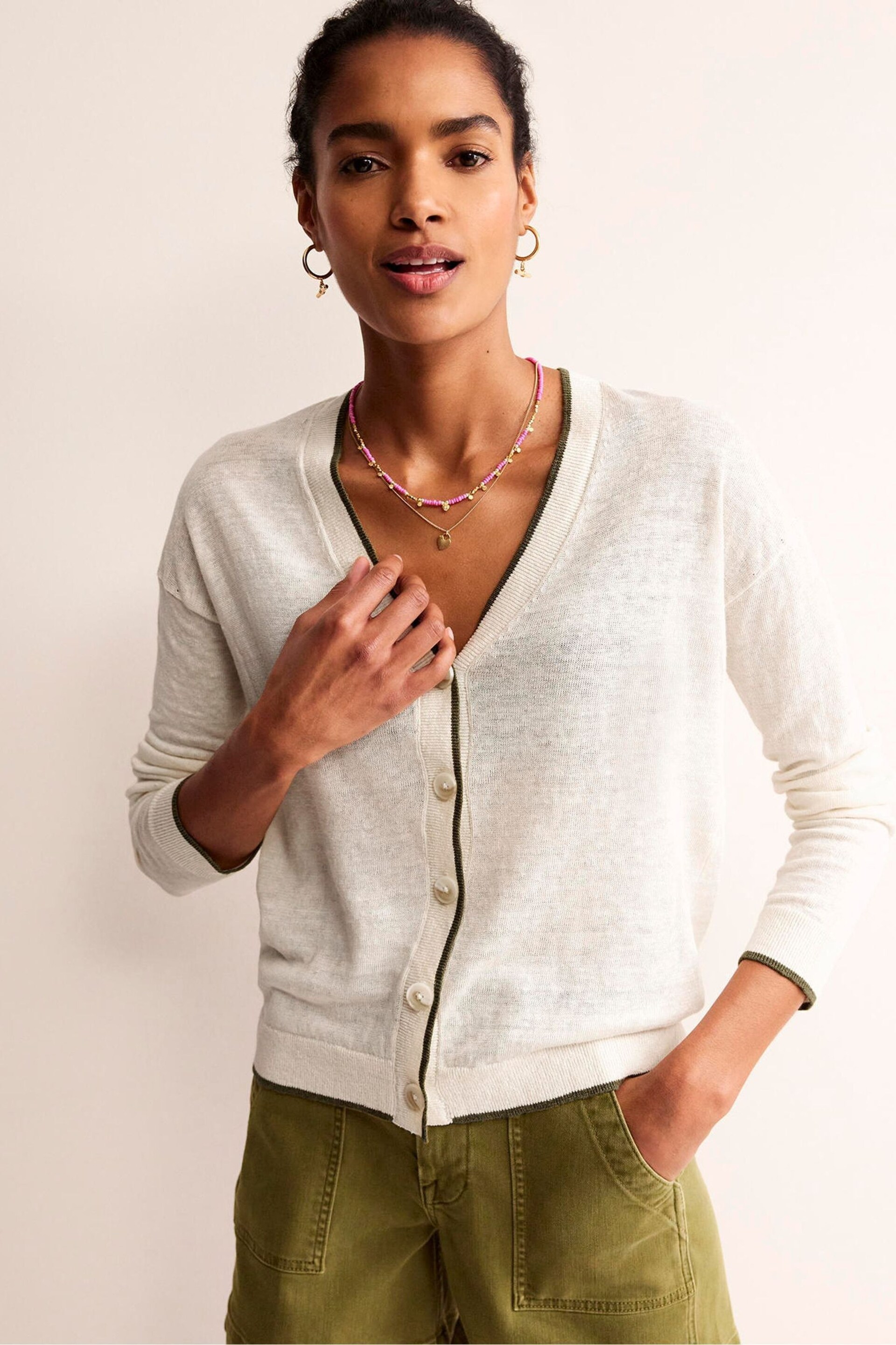 Boden Cream Maggie V-Neck Linen Cardigan - Image 3 of 6