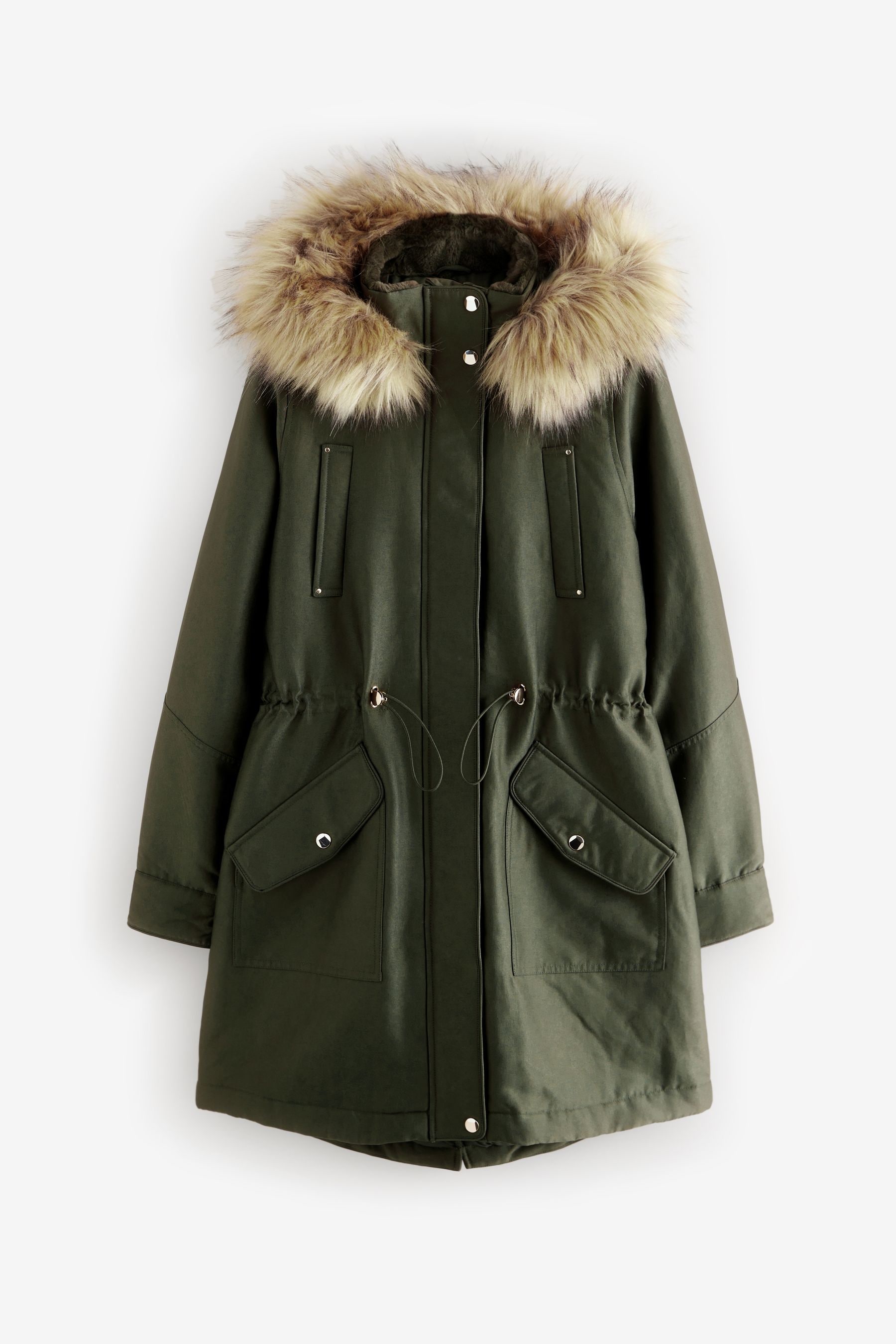 Khaki Green Hooded Parka Coat With Faux Fur Trim