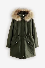 Khaki Green Hooded Parka With Faux Fur Trim - Image 6 of 9