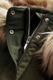 Khaki Green Hooded Parka With Faux Fur Trim - Image 7 of 9