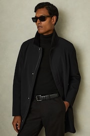 Reiss Black Logan Hybrid Removable Funnel Neck Overcoat - Image 1 of 5