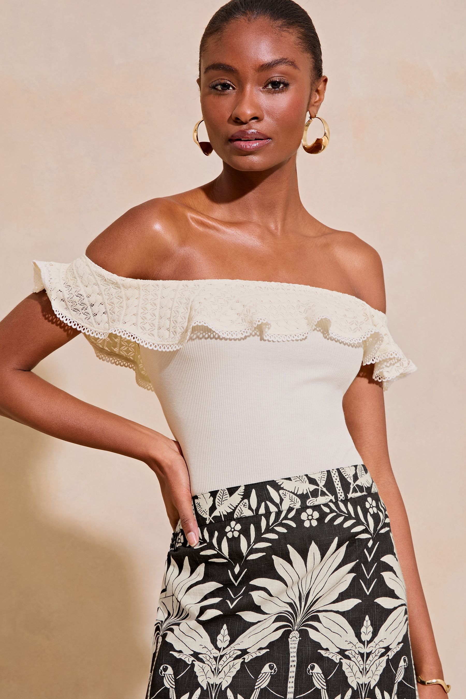 White bardot ruffle top top