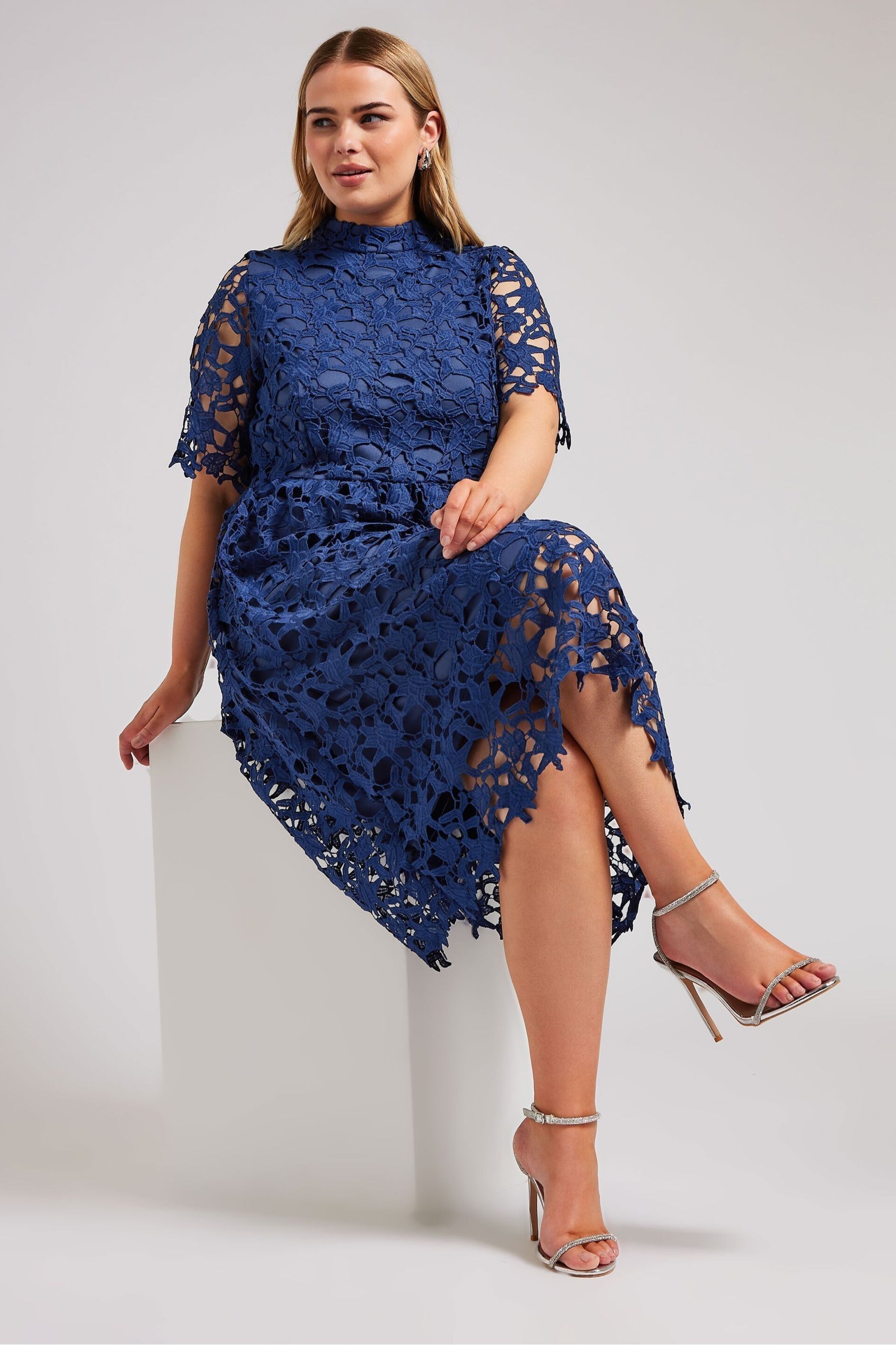 YOURS LONDON Curve Blue Crochet Lace Midi Dress - Image 1 of 4