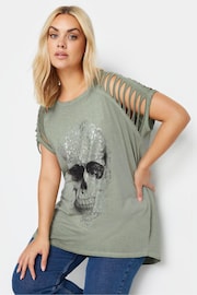 Yours Curve Green Foil Skull Print T-Shirt - Image 4 of 5