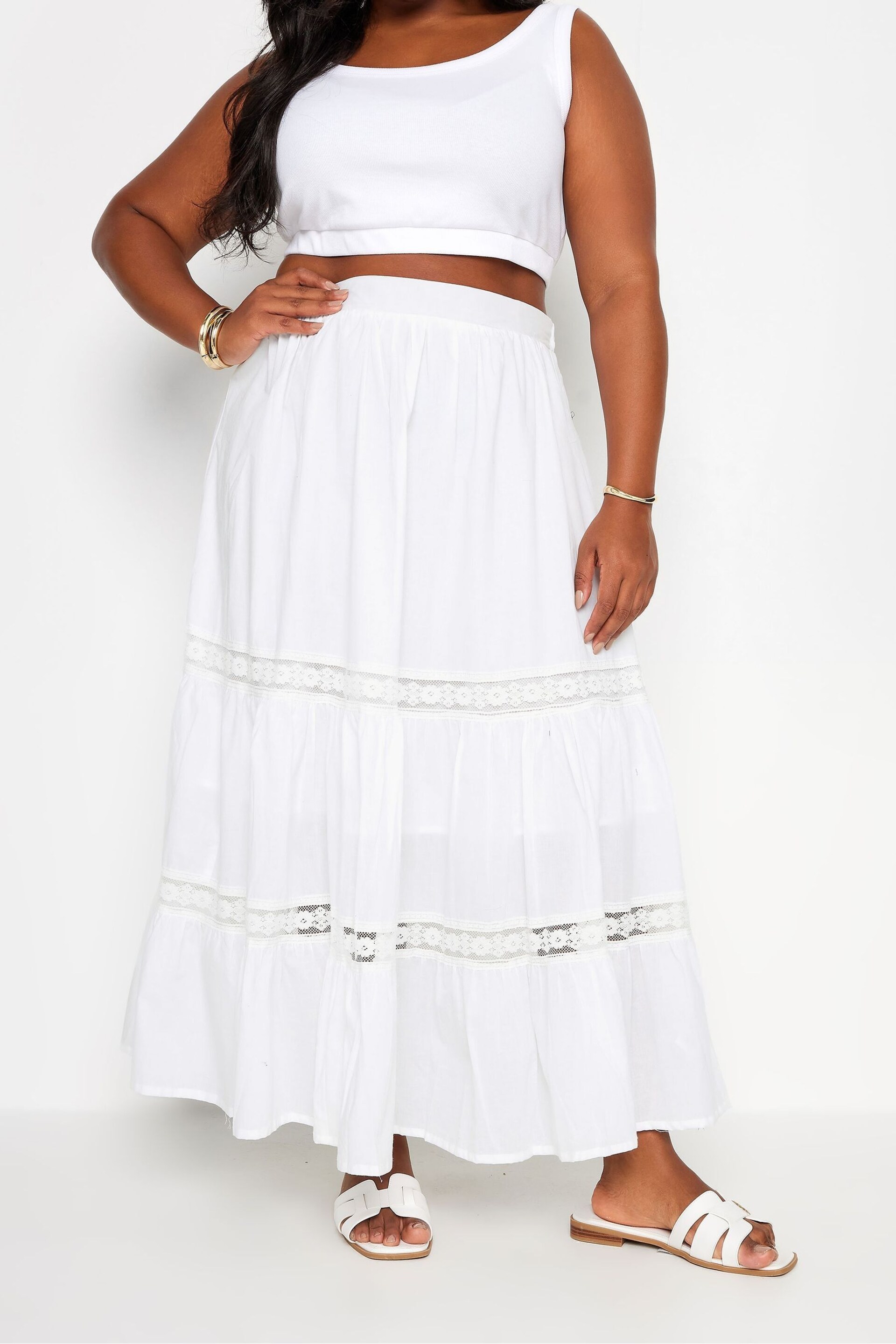 Yours Curve White Peasant Tiered Maxi Skirt - Image 1 of 5