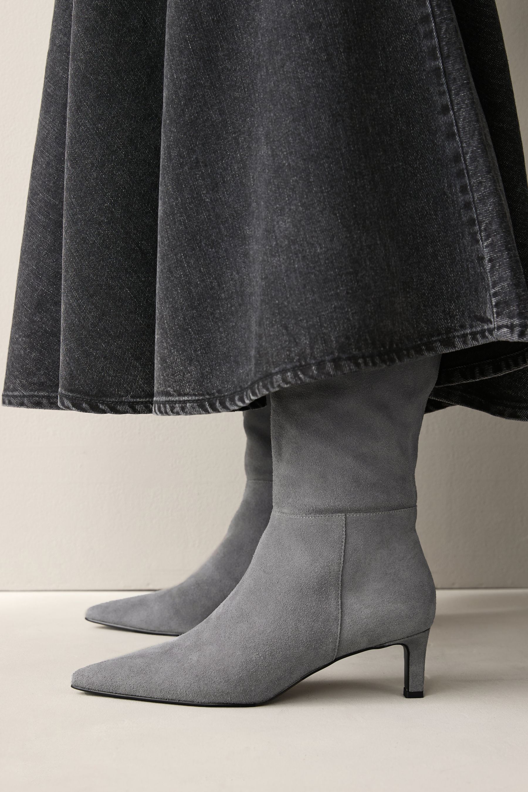 Grey Leather Forever Comfort Knee High Skinny Heeled Boots