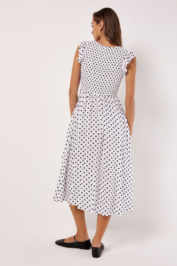 Apricot White Polkadot Smocked Ruffle Midi Dress - Image 4 of 4