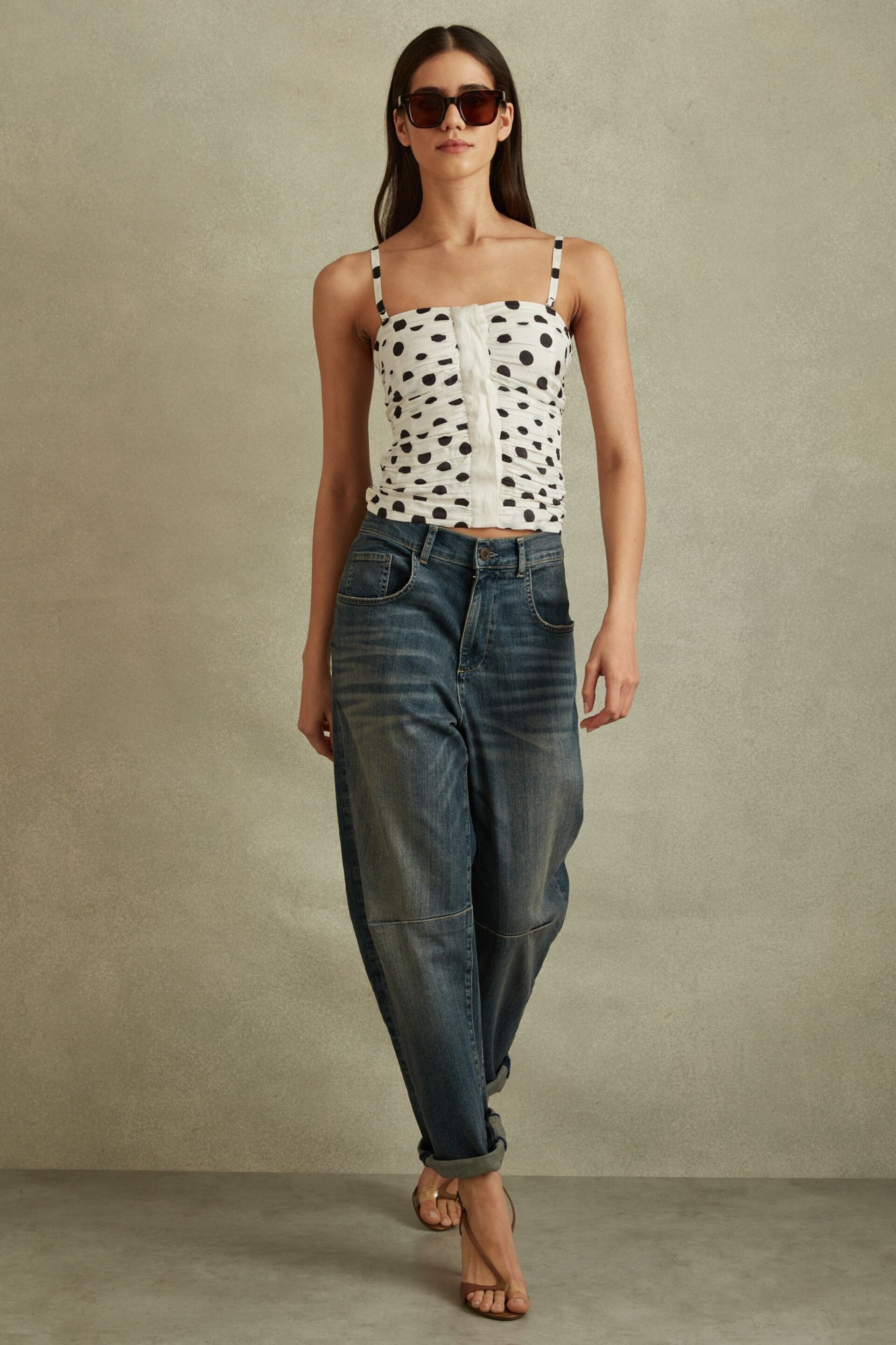 Reiss White/Black Remie Viscose Linen Polka Dot Ruched Strapless Top - Image 1 of 6