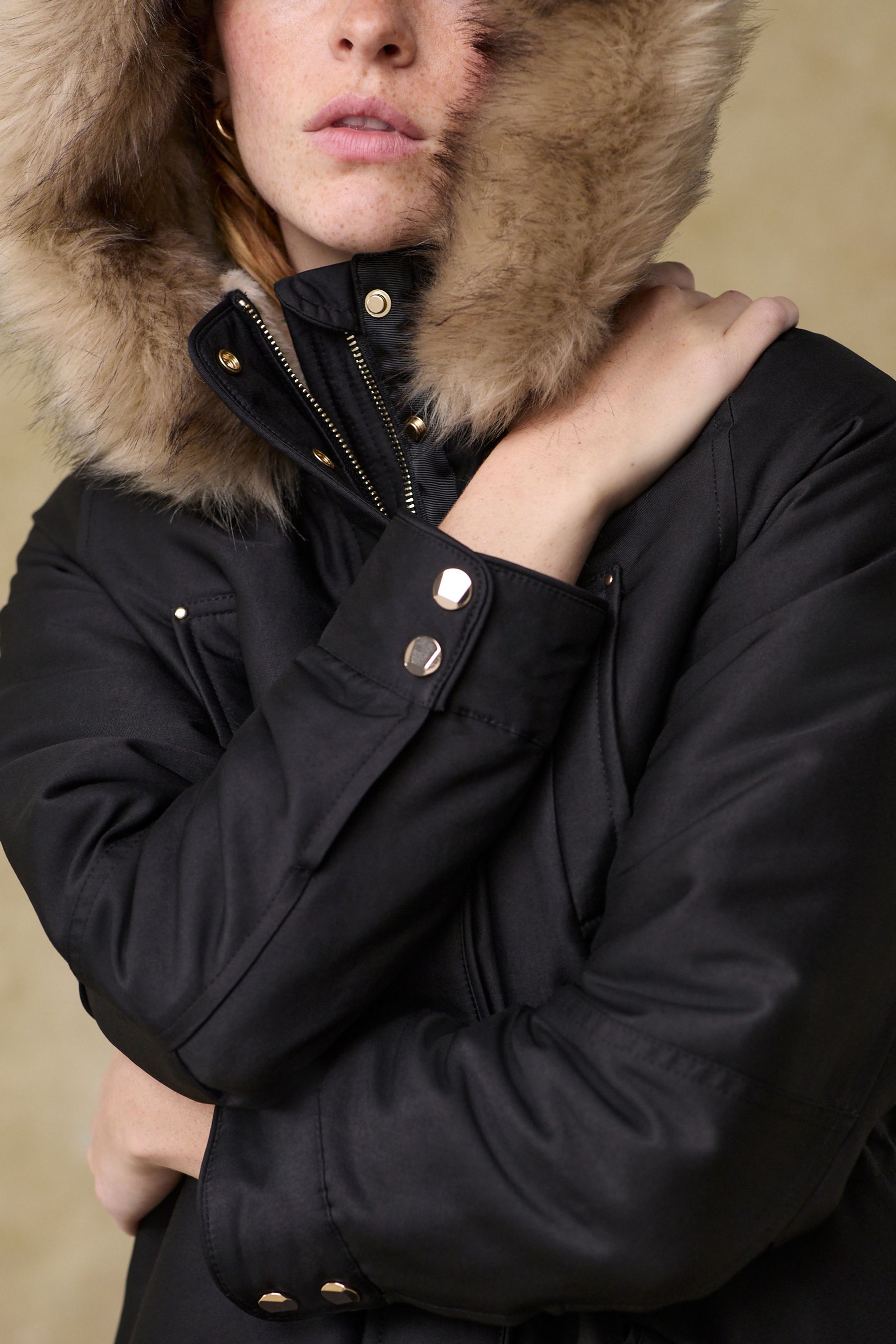 Black Hooded Parka Coat With Faux Fur Trim