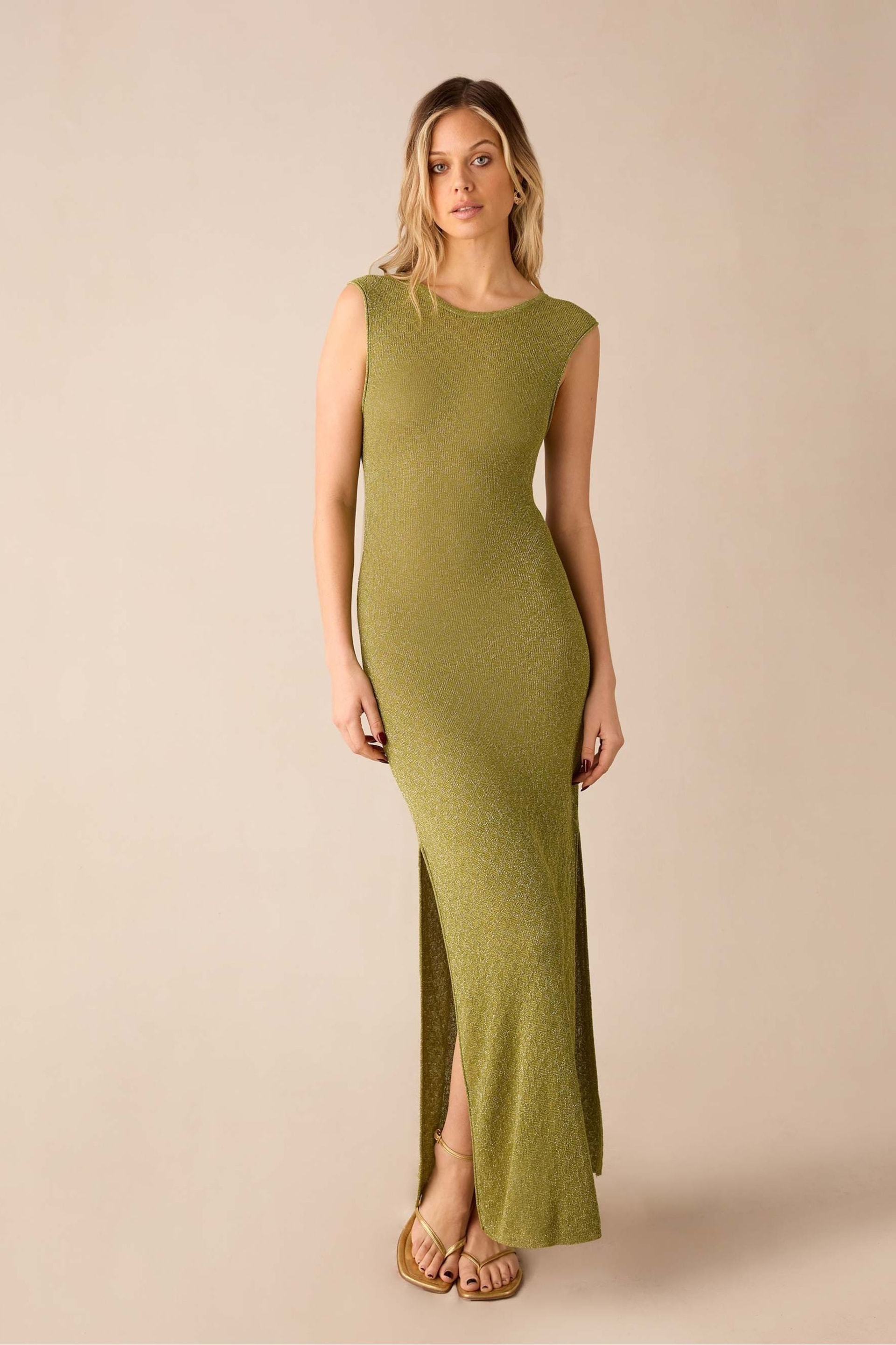Ro&Zo Green Sheer Sparkle Knit Column Dress - Image 1 of 7