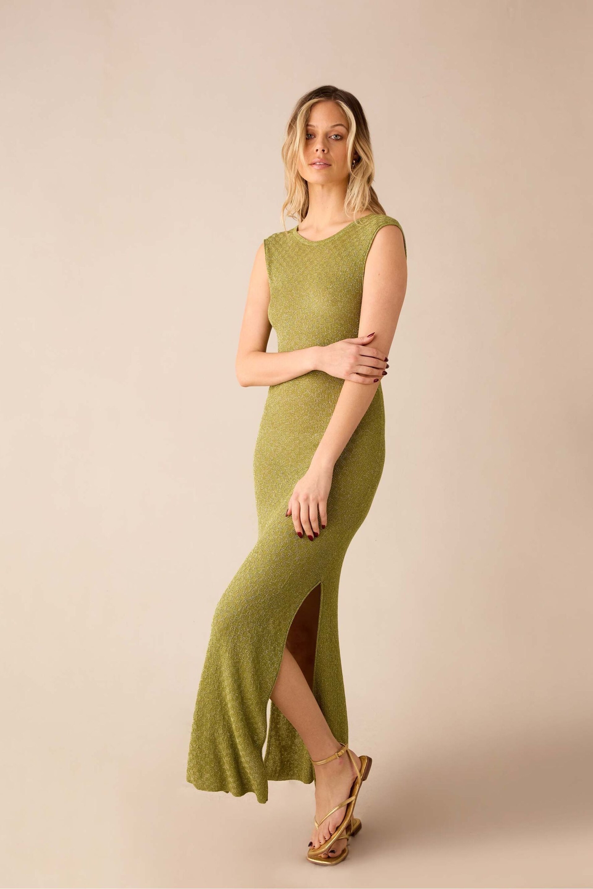 Ro&Zo Green Sheer Sparkle Knit Column Dress - Image 2 of 7