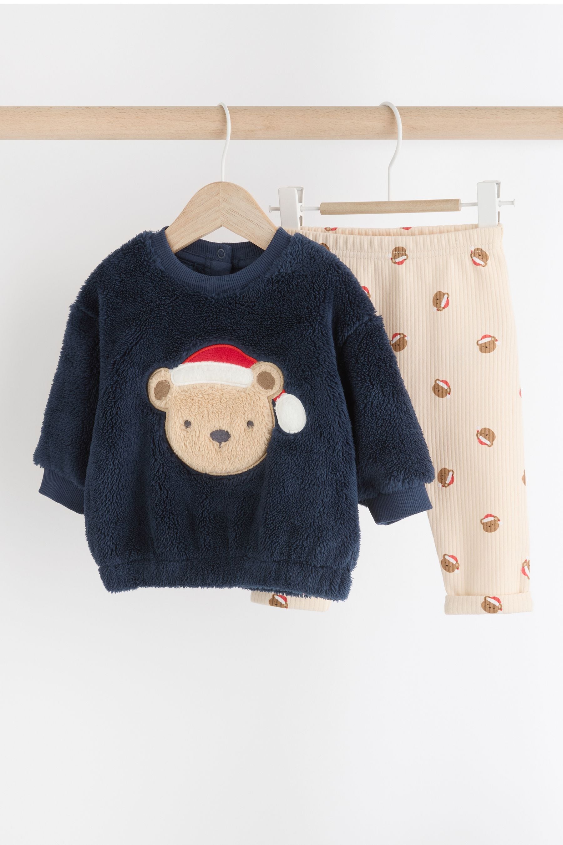 NEXT Navy Santa Bear Baby Fleece Top and Joggers Set 3 6 Mths