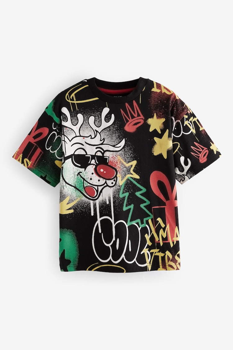 Black Rudolph Graffiti Short Sleeve Christmas 100% Cotton T-Shirt (3-16yrs) - Image 1 of 4