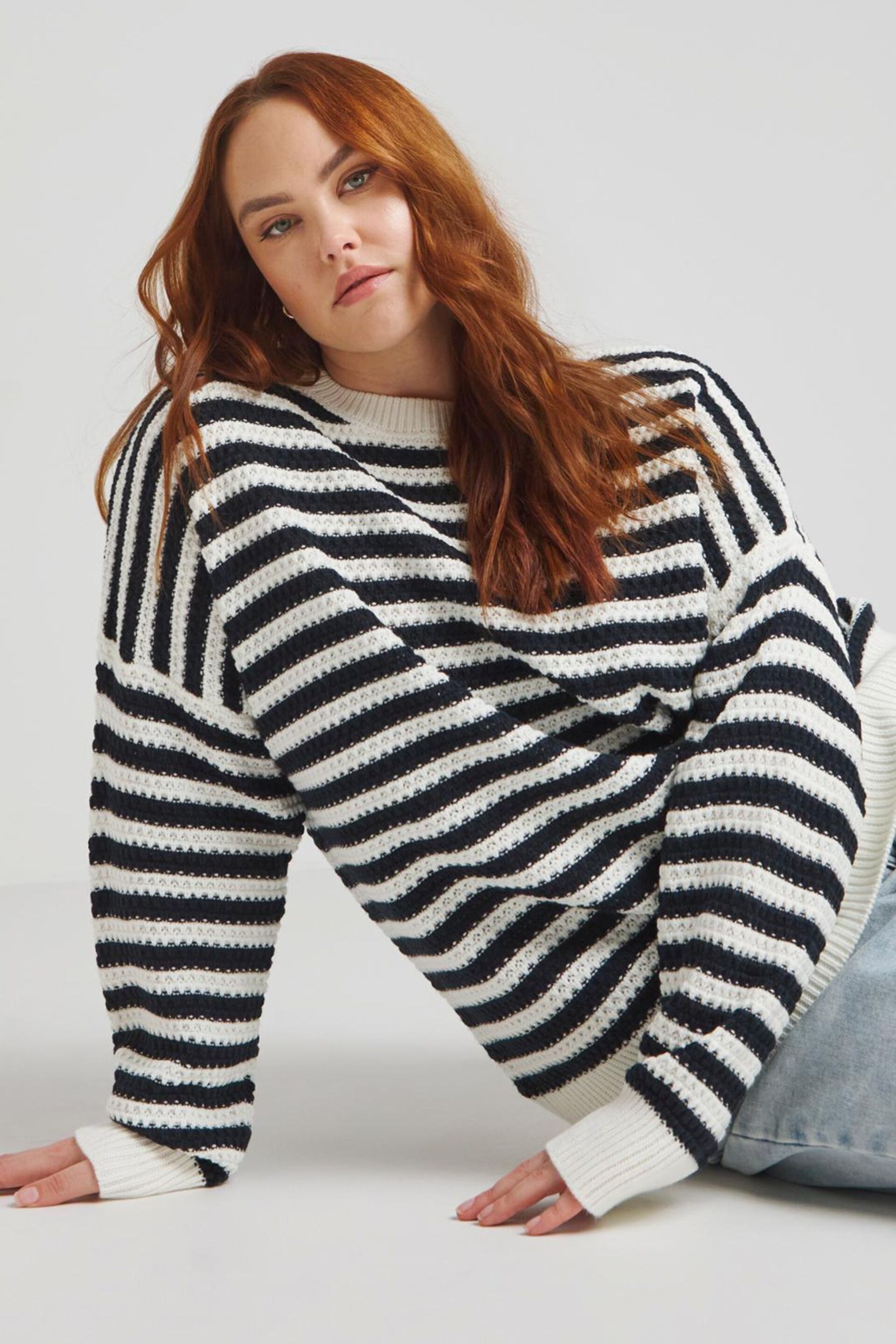 Simply Be Navy Blue Nautical Stripe Textured Jumper - Image 1 of 4