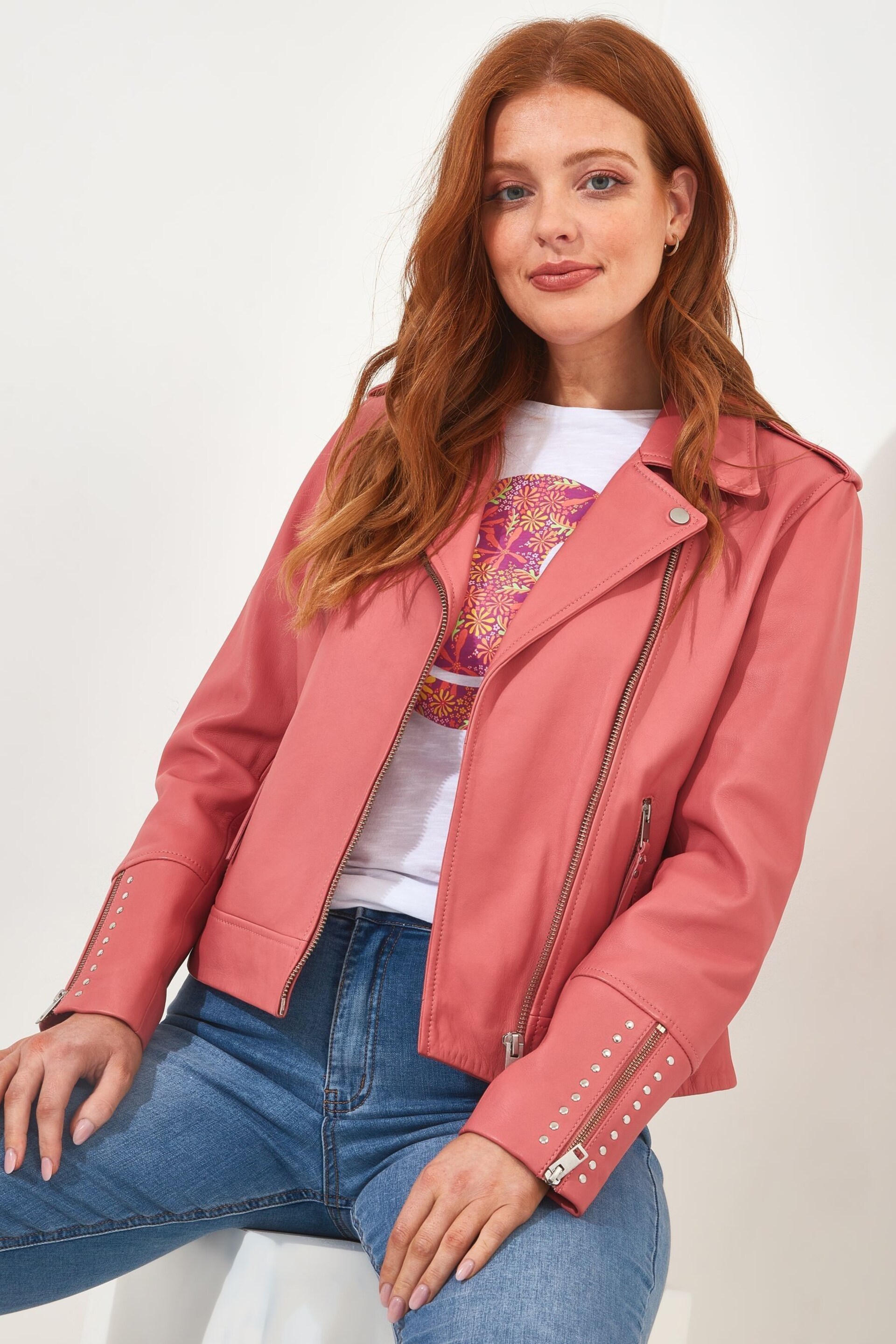 Joe Browns Pink Studded Cropped Leather Jacket - Image 1 of 5
