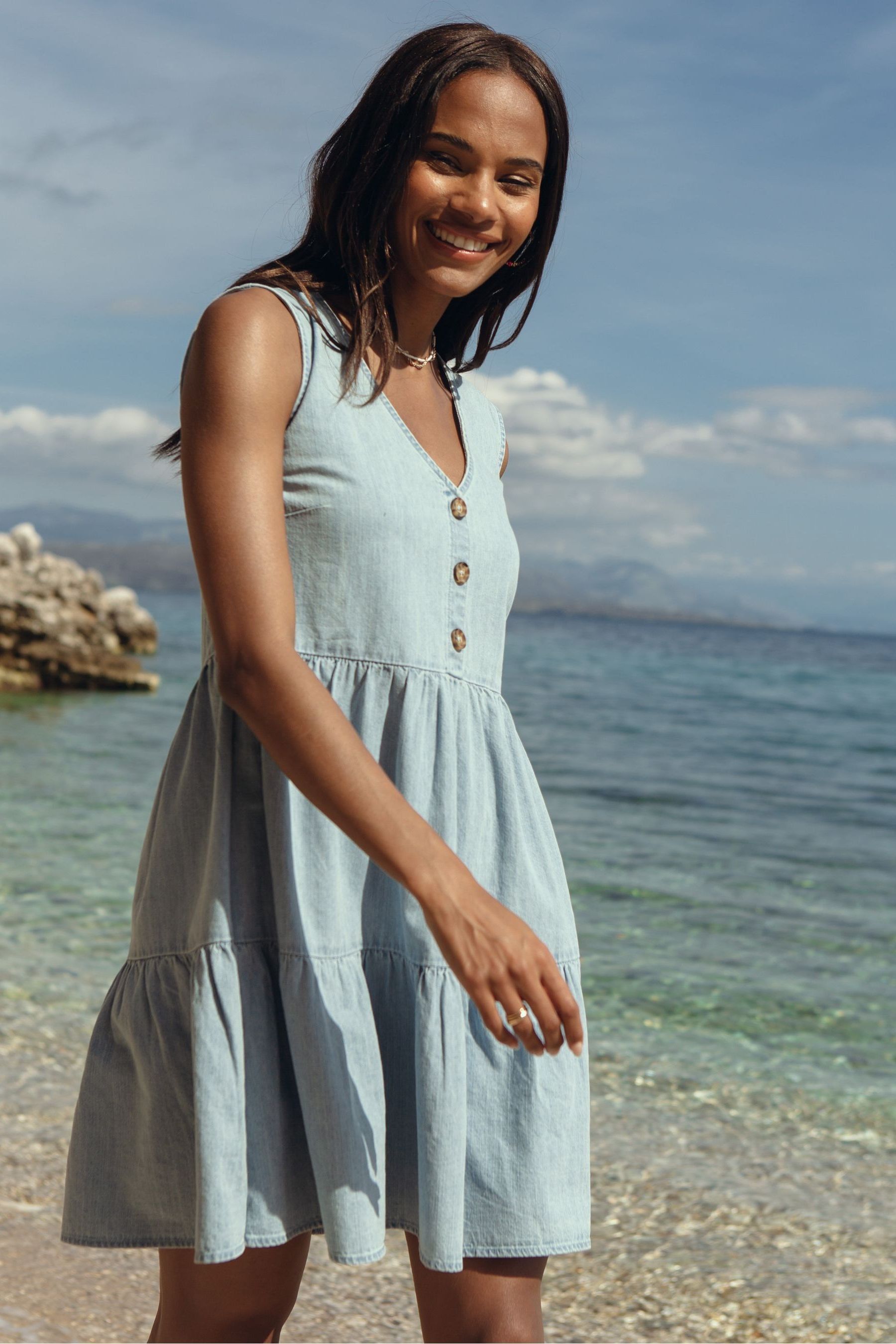 Buy Threadbare Blue 100 Cotton Chambray Sleeveless Smock Dress from Next USA
