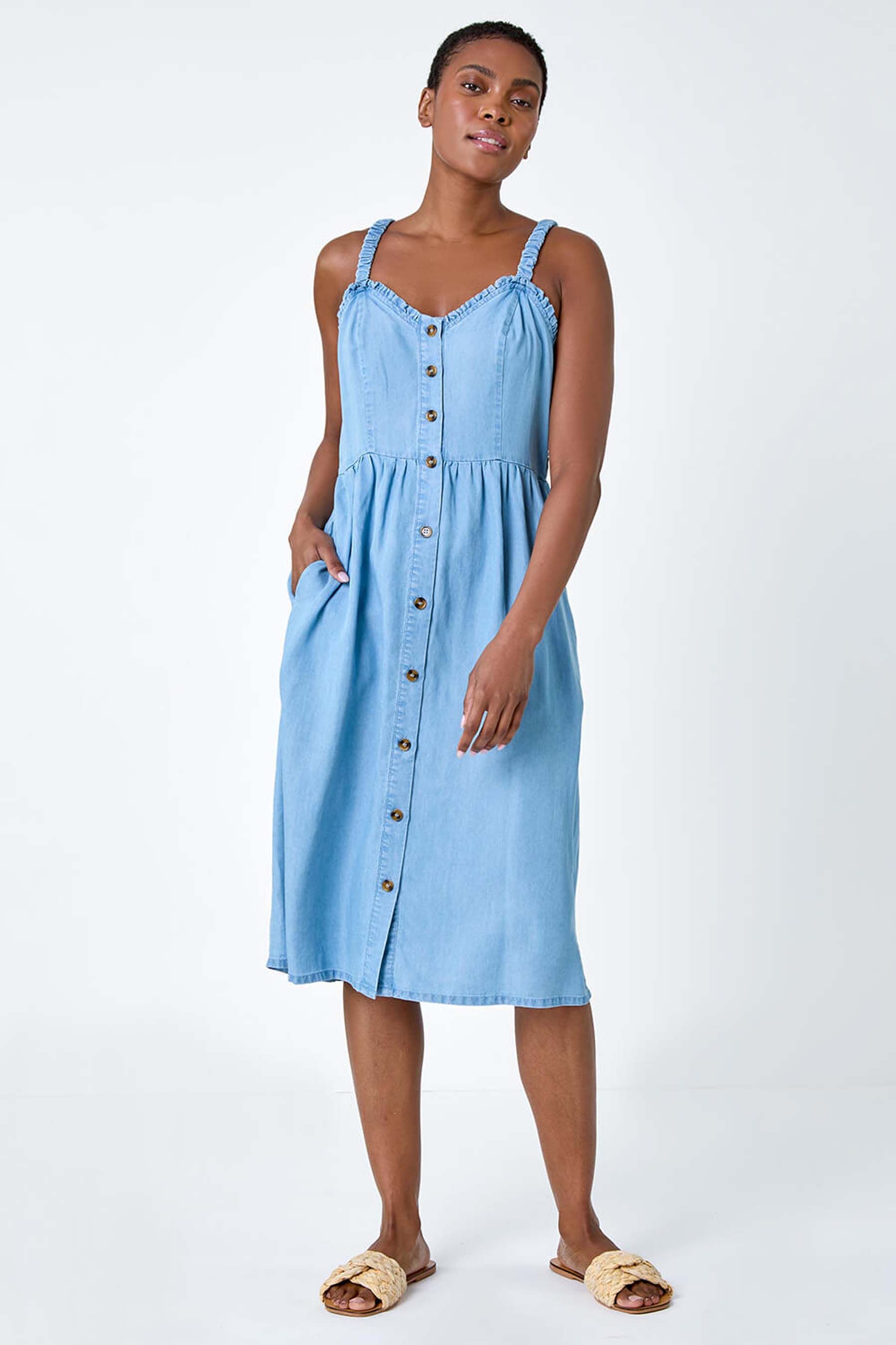 Buy Roman Blue Denim Frill Button Through Midi Dress from the Next UK online shop