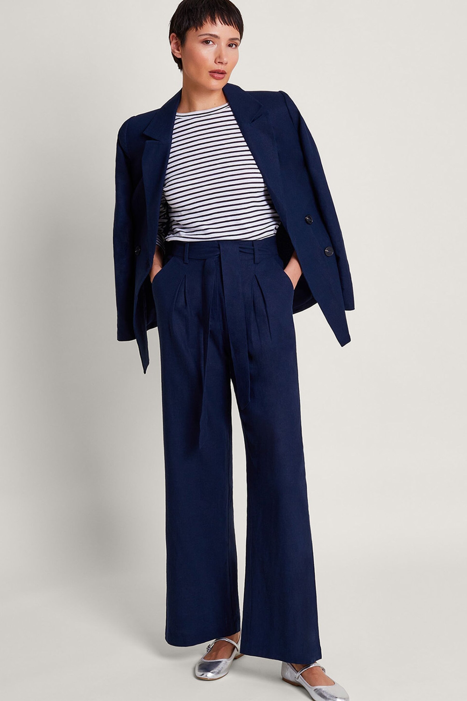 Monsoon Blue Mabel Short Length Tie Trousers - Image 3 of 5